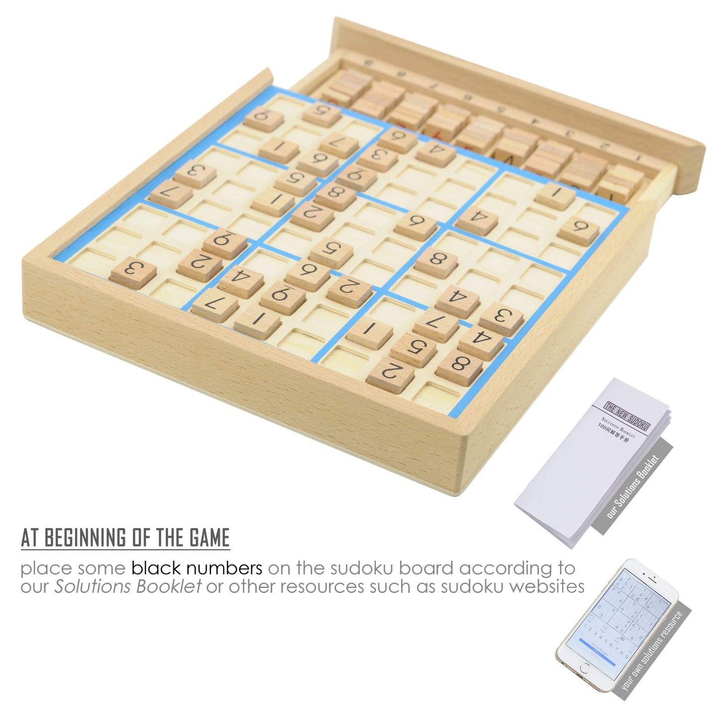 KAILIMENG Wooden Sudoku Board Game with Drawer - 81 Grids Number Place Wood Puzzle for Kids and Adults (Blue Line)