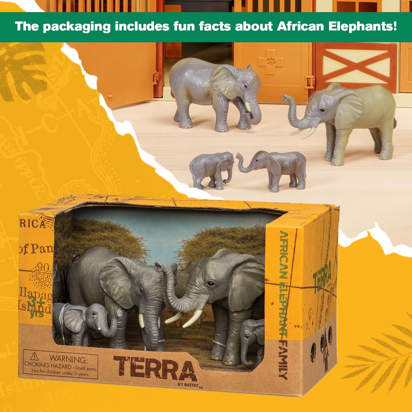 Terra by Battat – 4-Piece African Elephant Toy Set – Realistic Safari Animal Figures for Kids 3+, Gifts & Baby Shower Decor