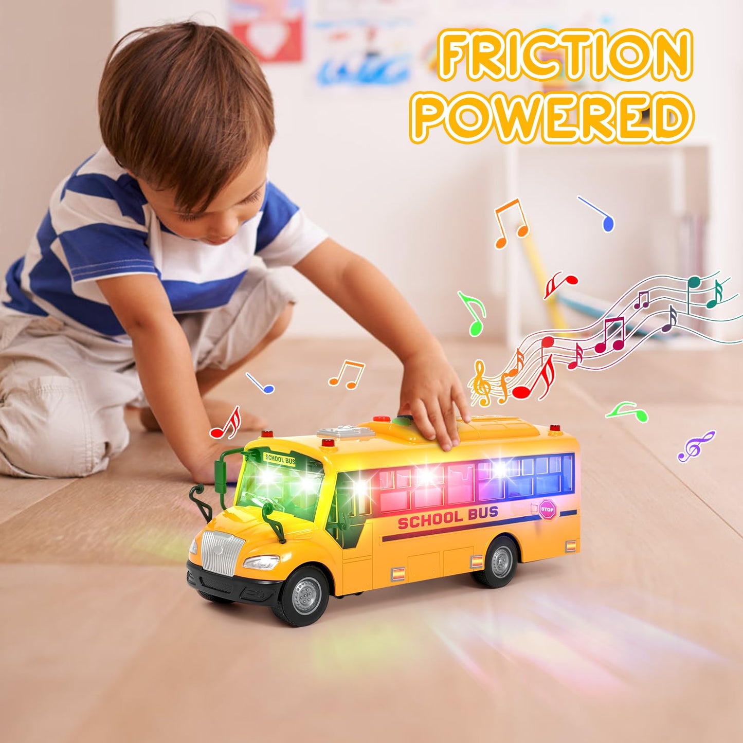 Yellow School Bus Toy for Toddlers 1-3 – Friction-Powered, Light & Sound, Back & Side Doors Open, Flashing Lights, Birthday Gift for Kids