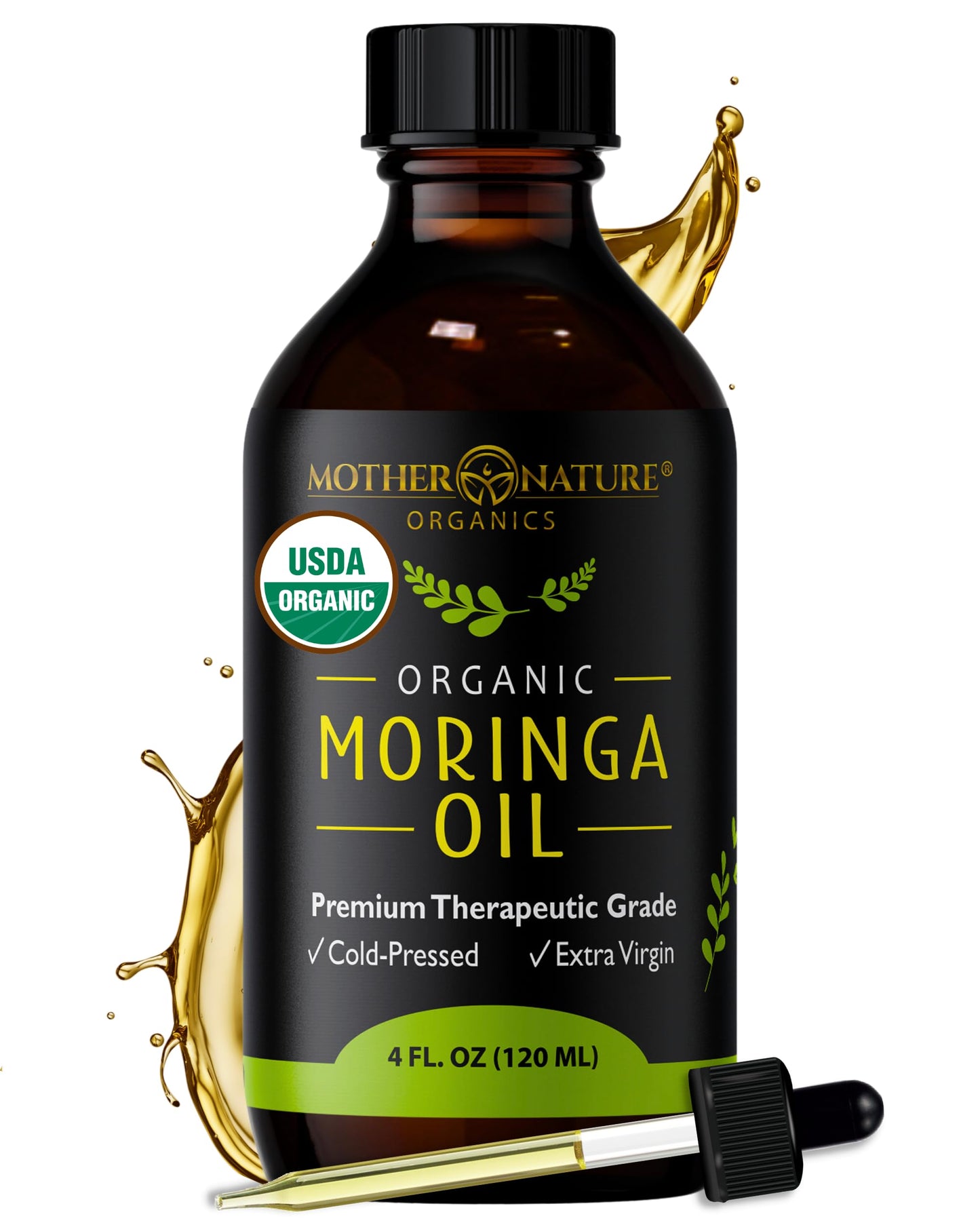 Mother Nature USDA Organic Moringa Seed Oil, 100% Pure Cold-Pressed, Unrefined, Anti-Aging Face, Skin & Hair Care, Non-GMO, 4oz