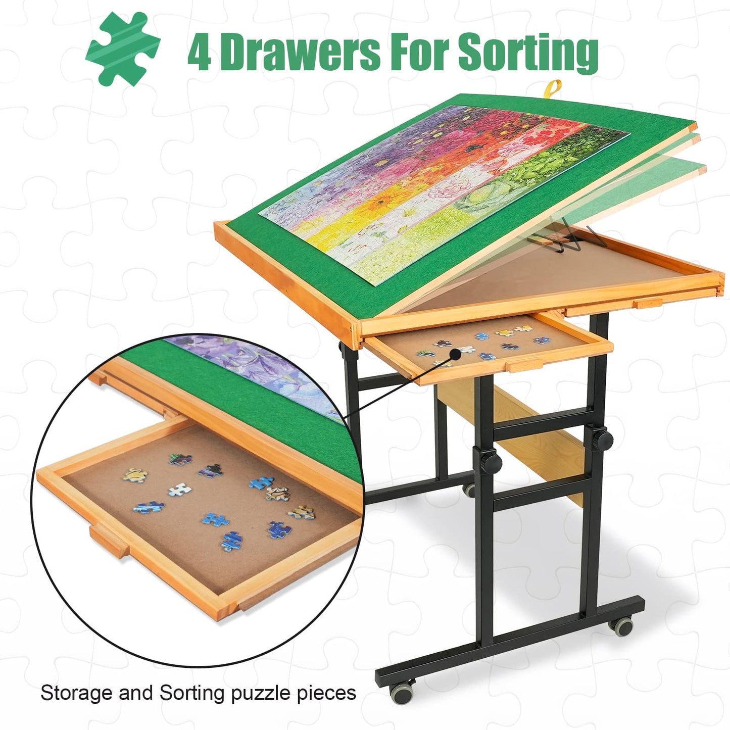ALL4JIG 1500-Piece Jigsaw Puzzle Table – 25"x34" Adjustable Wooden Table with 3 Tilt Angles, 4 Drawers & Cover, Portable Puzzle Board Gift