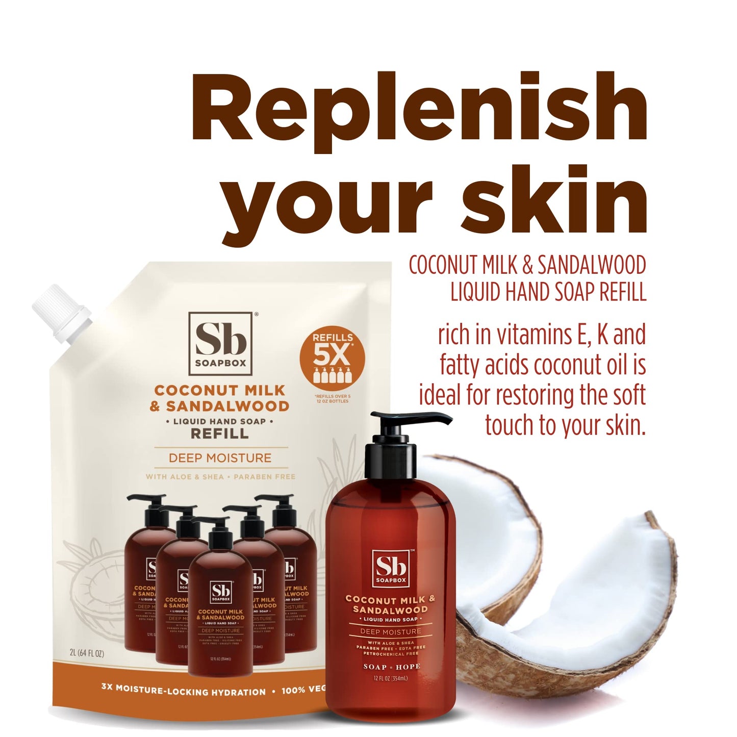 Soapbox Liquid Hand Soap Refill 64oz, Coconut Milk & Sandalwood, Vegan, Paraben-Free, Moisturizing Natural Hand Wash for Home