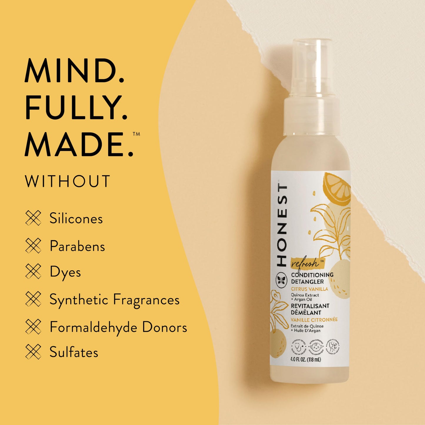 The Honest Company Conditioning Hair Detangler Spray - Tear-Free, Hypoallergenic Leave-In Conditioner, Citrus Vanilla Scent, 4 fl oz