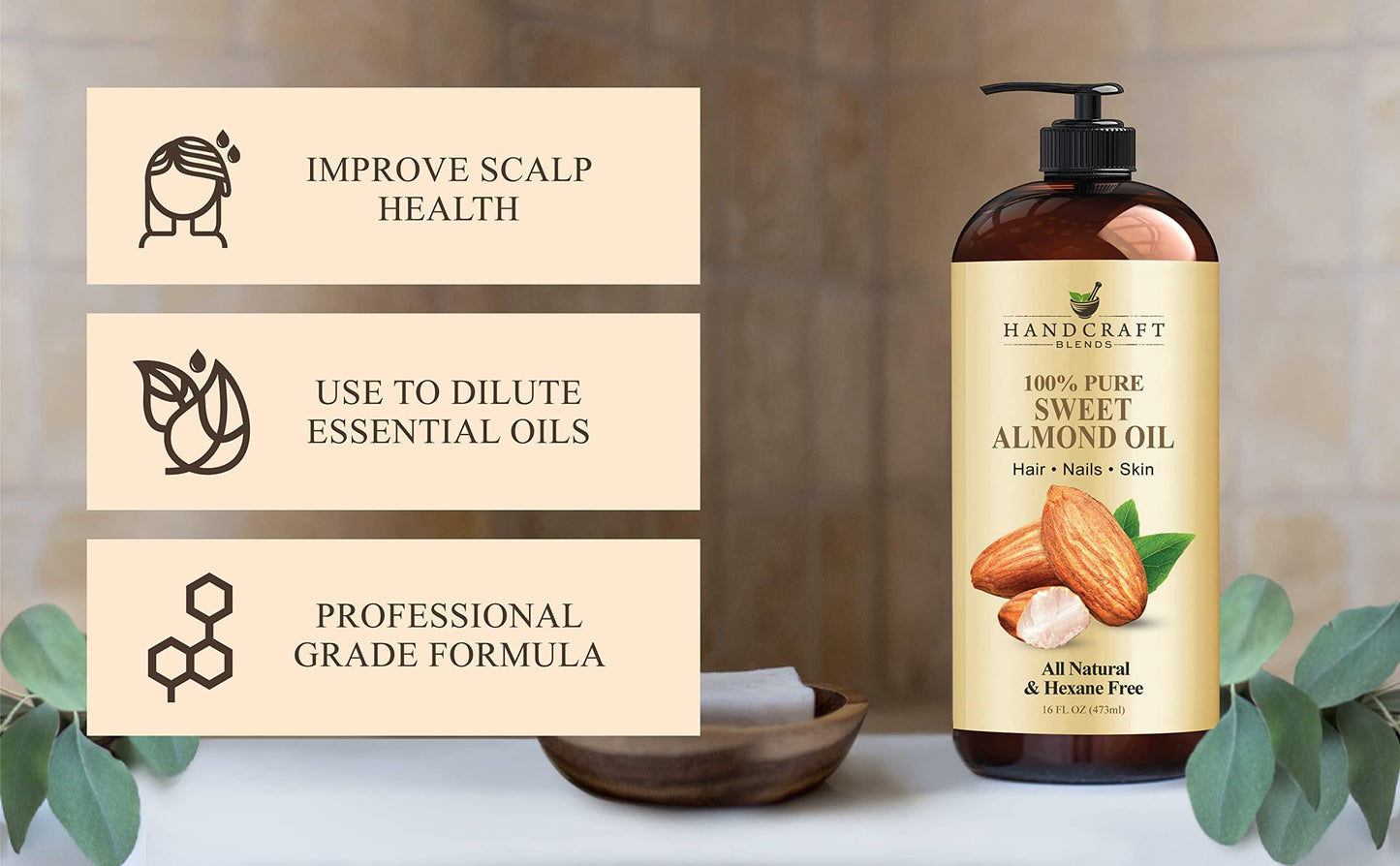 Handcraft Blends Sweet Almond Oil 16 Fl Oz – 100% Pure & Natural Carrier Oil for Skin, Hair & Body – Premium Grade, Hexane-Free, Massage Oil