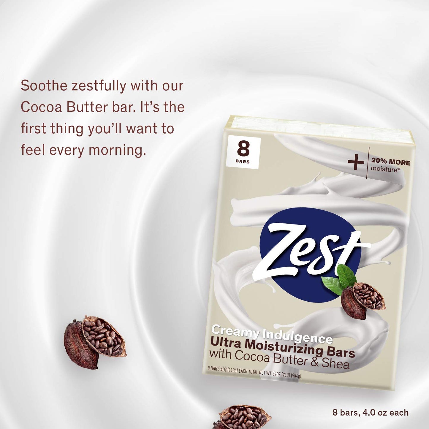 Zest Bar Soap 8-Pack – Enriched with Cocoa Butter & Shea, Ultra Moisturizing Cleansing Bars for Silky Smooth, Hydrated Skin