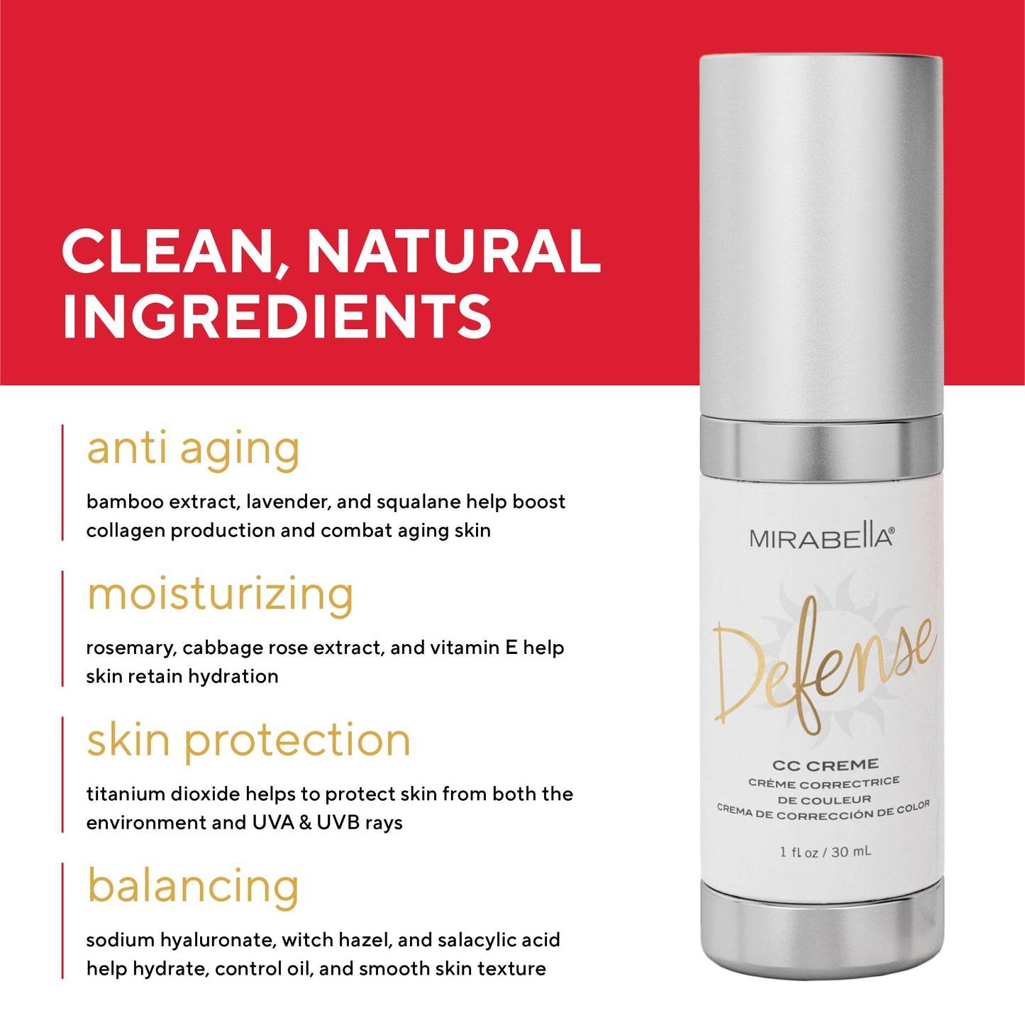 Mirabella Defense CC Creme Full Coverage Foundation SPF 20 – Oil Control, Hyaluronic Acid & Salicylic Acid – Fair Shade