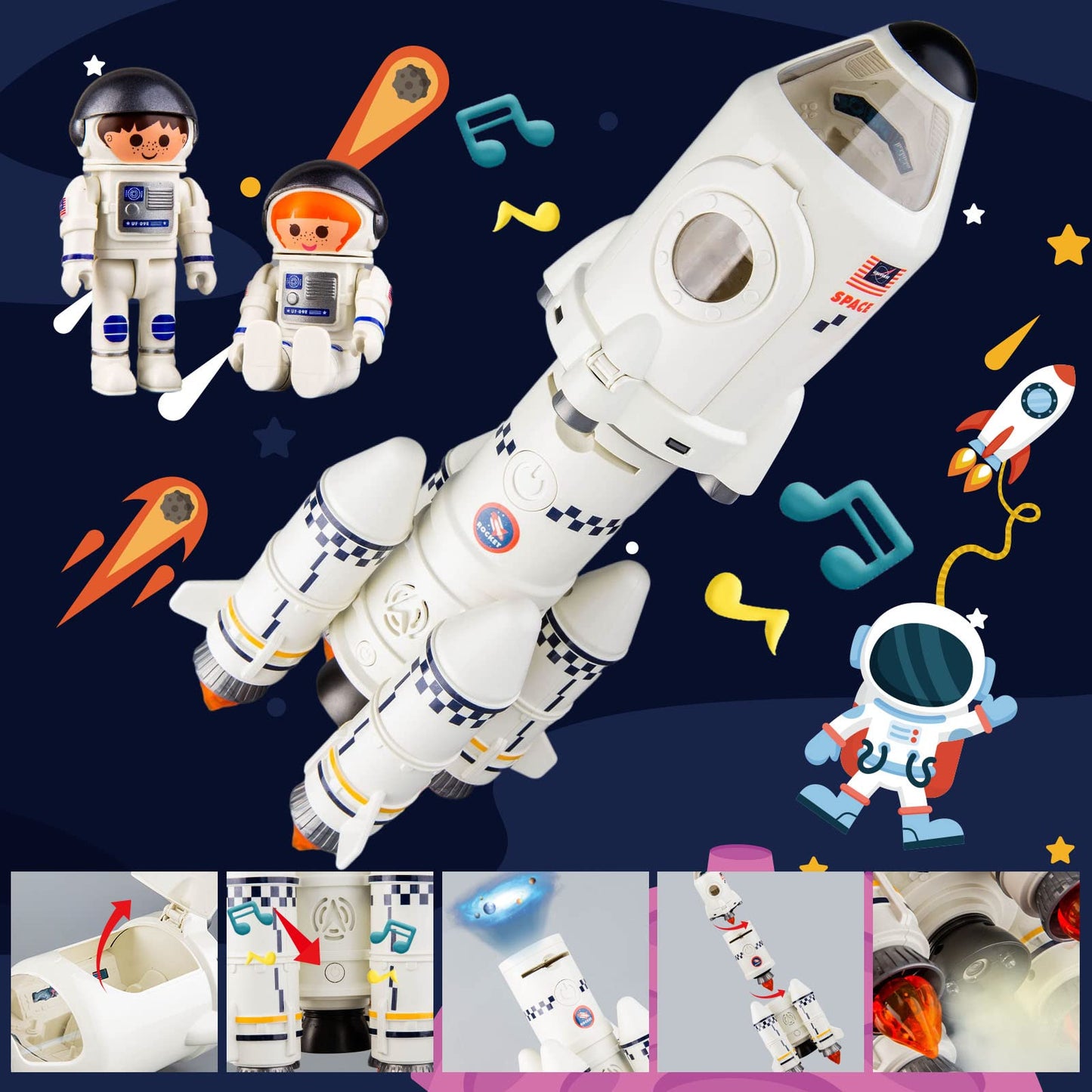 WAKAKAC Space Rocket Toys for Kids - 5-in-1 Adventure Set with 2 Astronauts, Projection Lamp & Space Shuttle Model Gift for Boys & Girls 3+