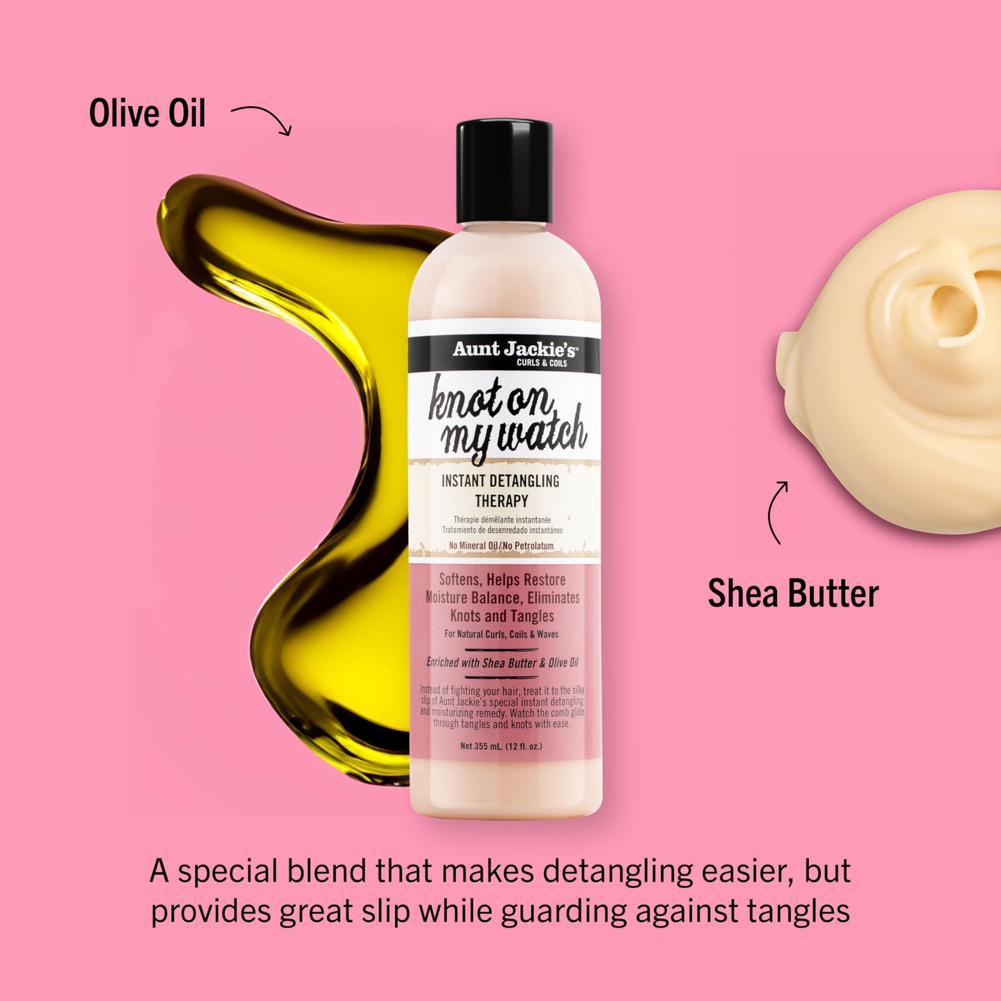 Aunt Jackie's Curls and Coils Knot On My Watch Instant Hair Detangling Therapy for Natural Curls, Coils and Waves, Enriched with Shea Butter, 12 oz