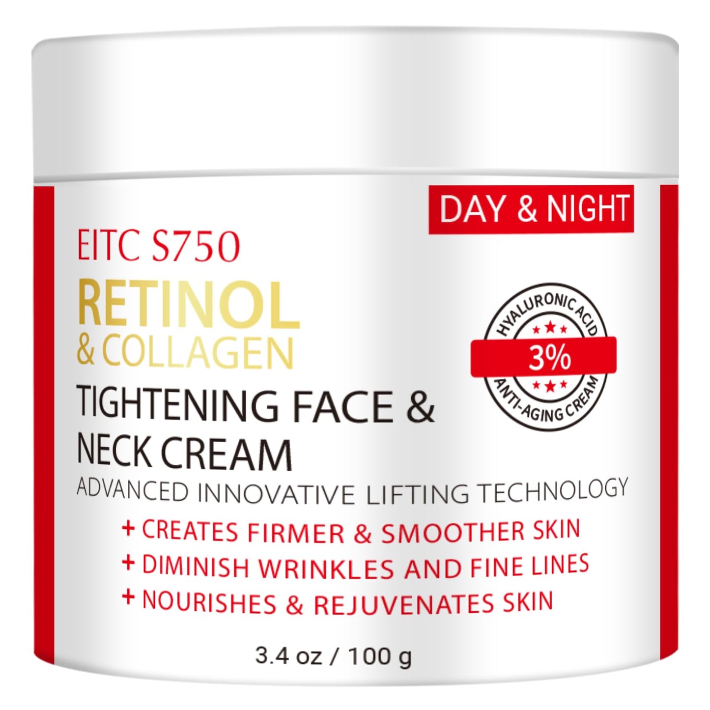 Retinol Face & Neck Cream – Anti-Aging, Firming & Tightening with Collagen & Hyaluronic Acid, Instant Lift & Wrinkle Repair, 3.4 fl. oz