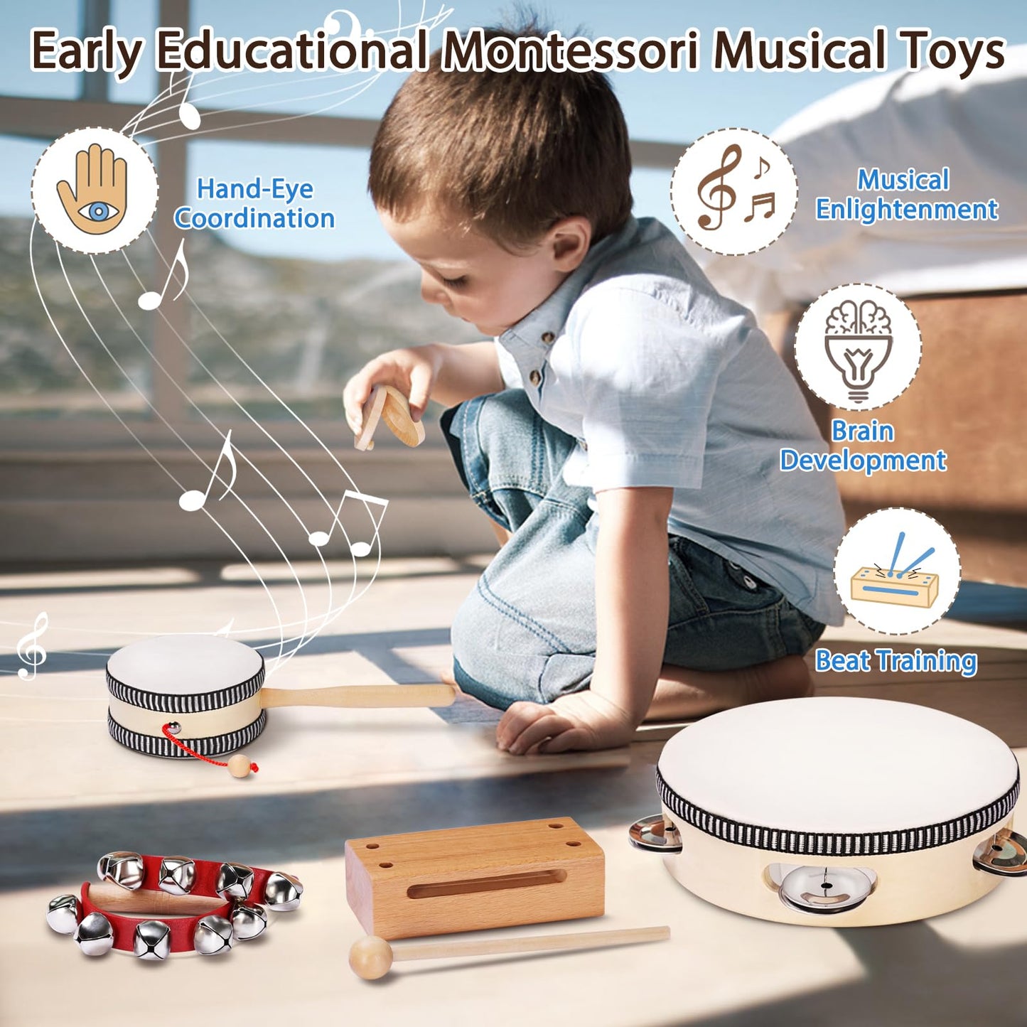 LOOIKOOS Montessori Wooden Musical Instruments for Toddlers – Educational Percussion Toy Set with Storage Bag for Kids