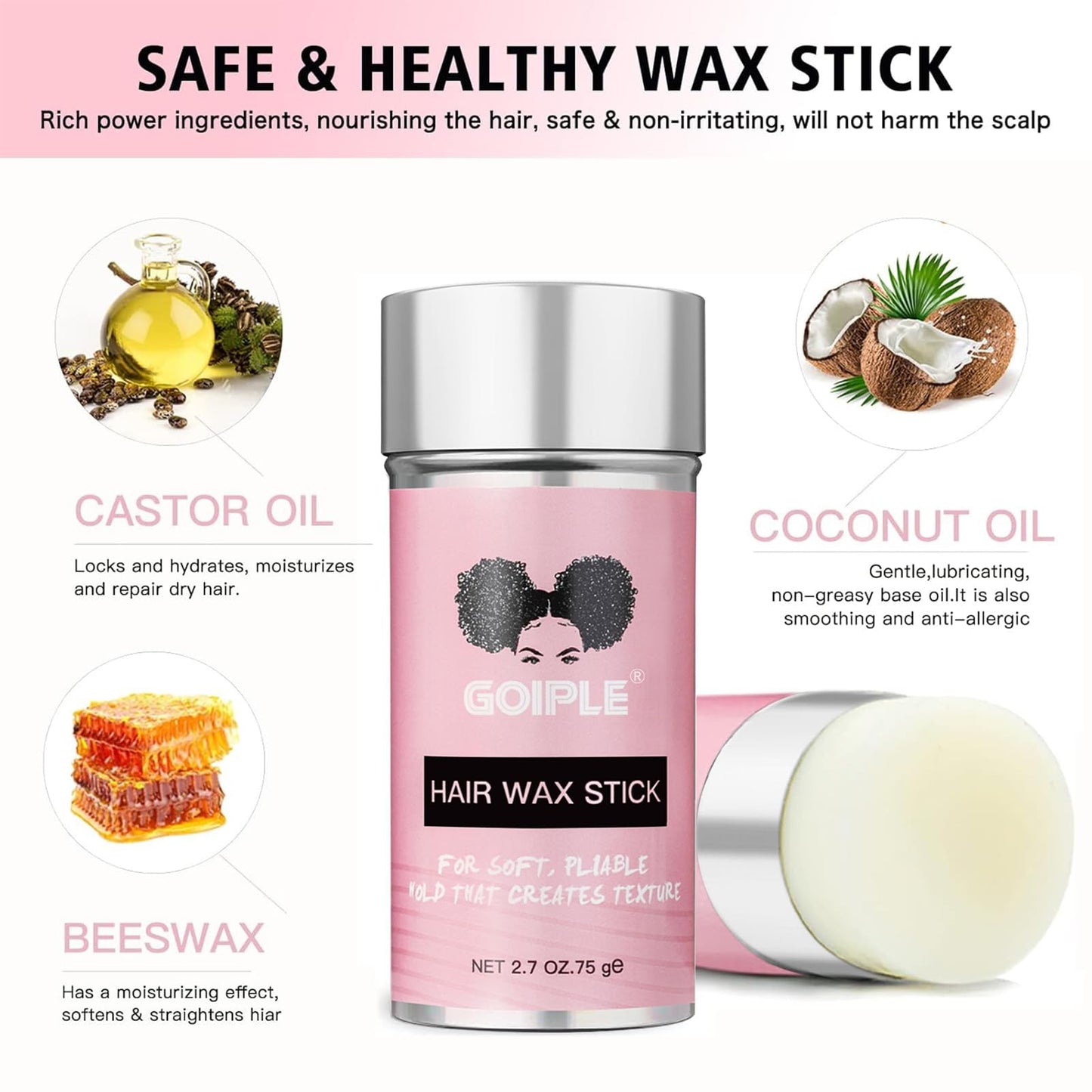 Goiple Wax Stick for Hair, Hair Pomade Stick Long-Lasting Styling Wax Stick, Hair Wax Stick Smoothing & Slick Stick for Hair Wigs, Styling Waxes for Fly Away & Edge Frizz Hair (2.7 oz)