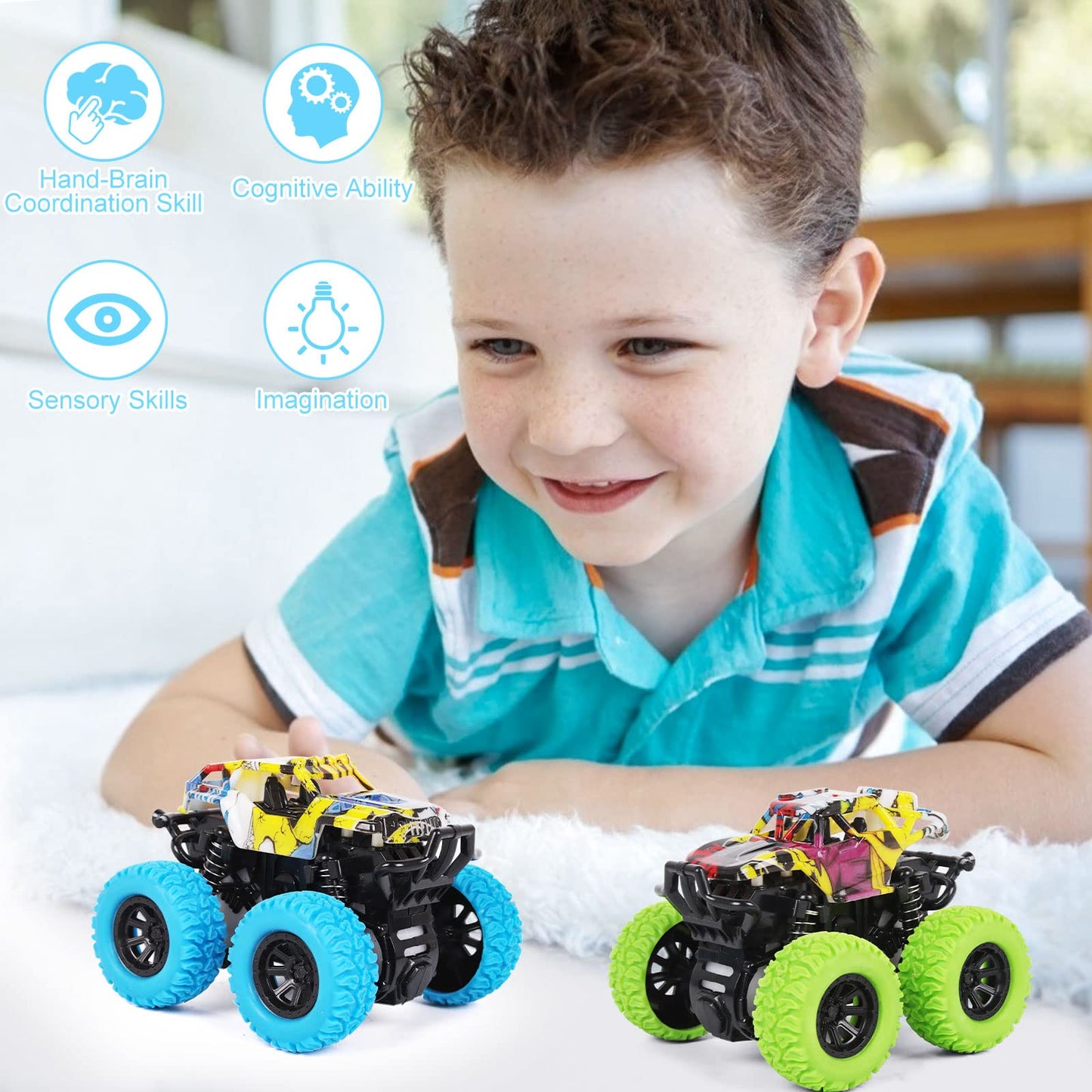 M SANMERSEN Monster Truck Toys for Toddlers 2-4, Friction Push & Go 360° Stunt Cars, 2-Pack Blue & Green Gift Set for Boys & Girls