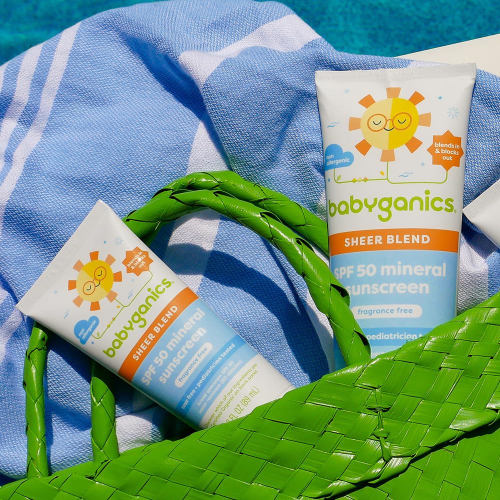 Babyganics SPF 50 Mineral Sunscreen Lotion, Sheer Blend, UVA UVB Protection, Octinoxate & Oxybenzone Free, Water Resistant, Fragrance Free, 8 oz