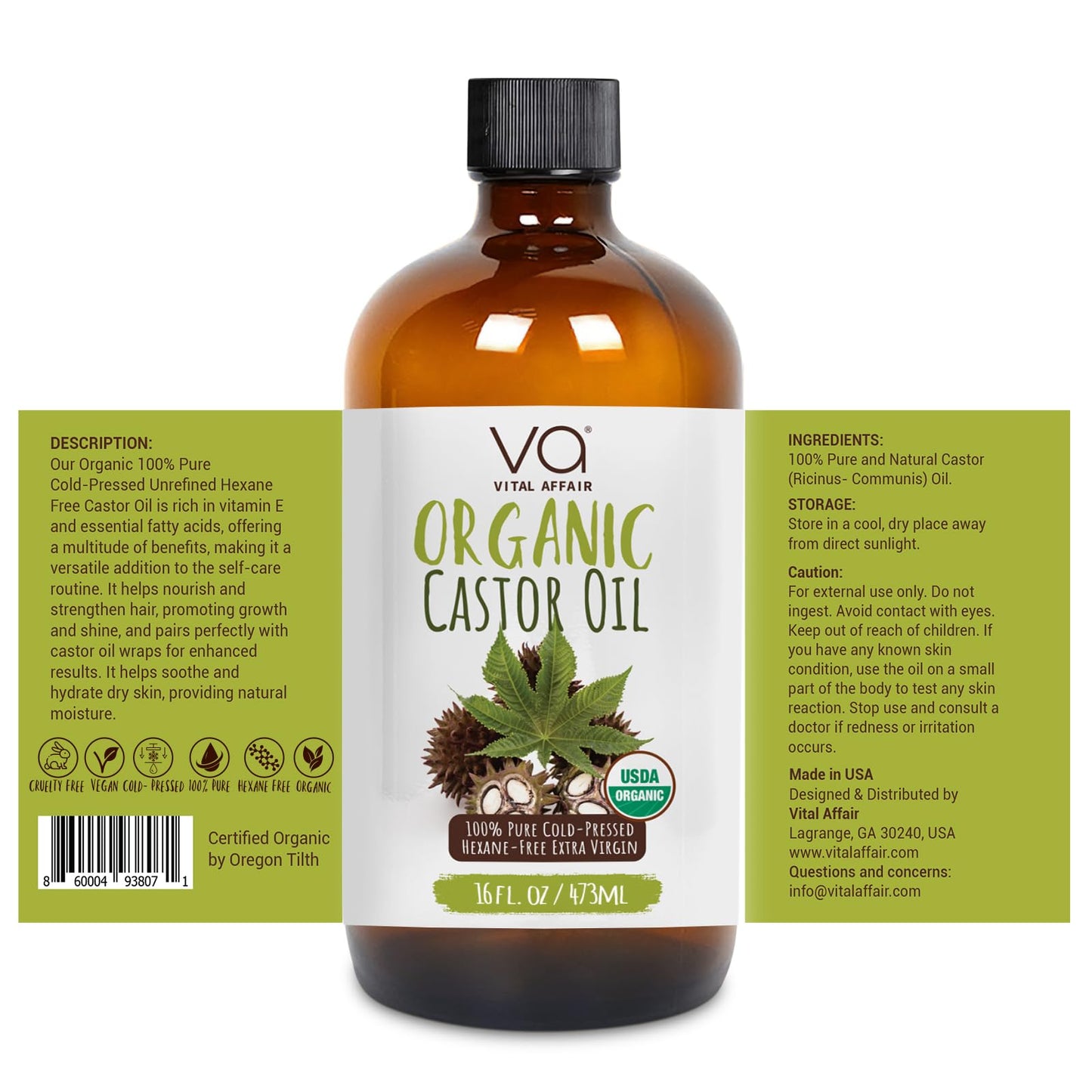 VITAL AFFAIR Organic Castor Oil 16oz – 100% Pure, Cold Pressed & Unrefined – USDA Certified – For Hair Growth, Eyelashes, Eyebrows & Castor Oil Pack