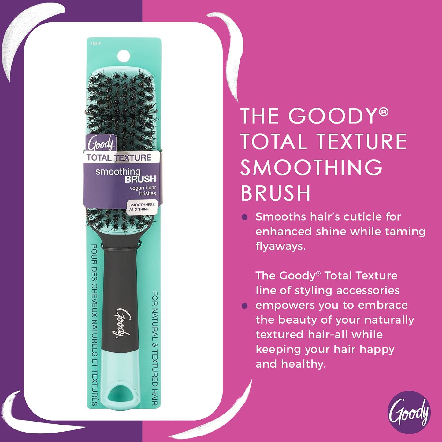 Goody x Total Texture Smoothing Brush | Vegan Boar Bristles for Natural & Textured Hair | Smooths Cuticles, Adds Shine & Features Non-Slip Grip