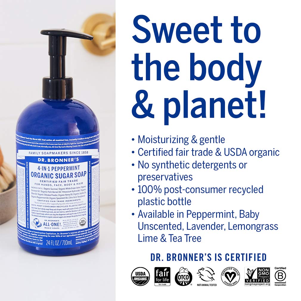 Dr. Bronner's Organic Peppermint Sugar Soap, 64 oz – Vegan 4-in-1 Wash for Hands, Body, Face & Hair with Organic Oils & Shikakai