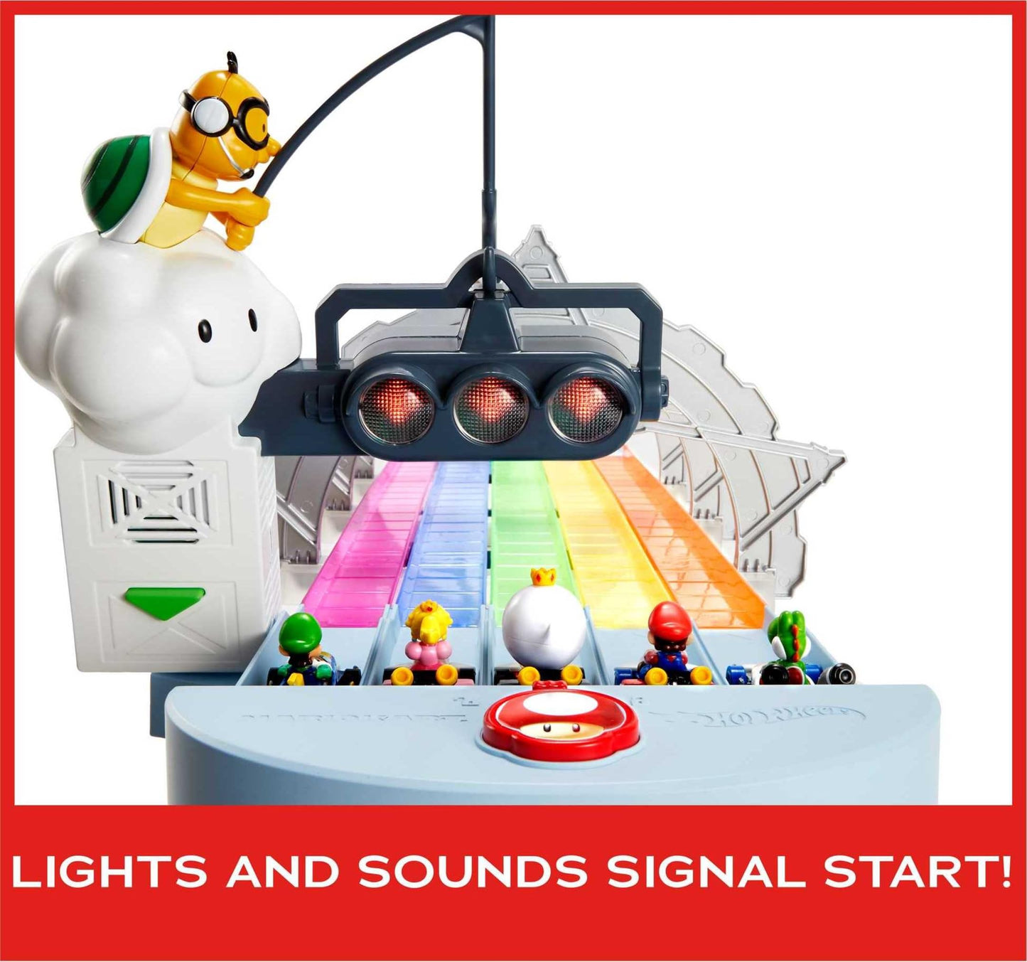 Hot Wheels Mario Kart Rainbow Road 8-Foot Track Set with Lights & Sounds, 2 1:64 Vehicles, 5-Color Course & 2 Configurations