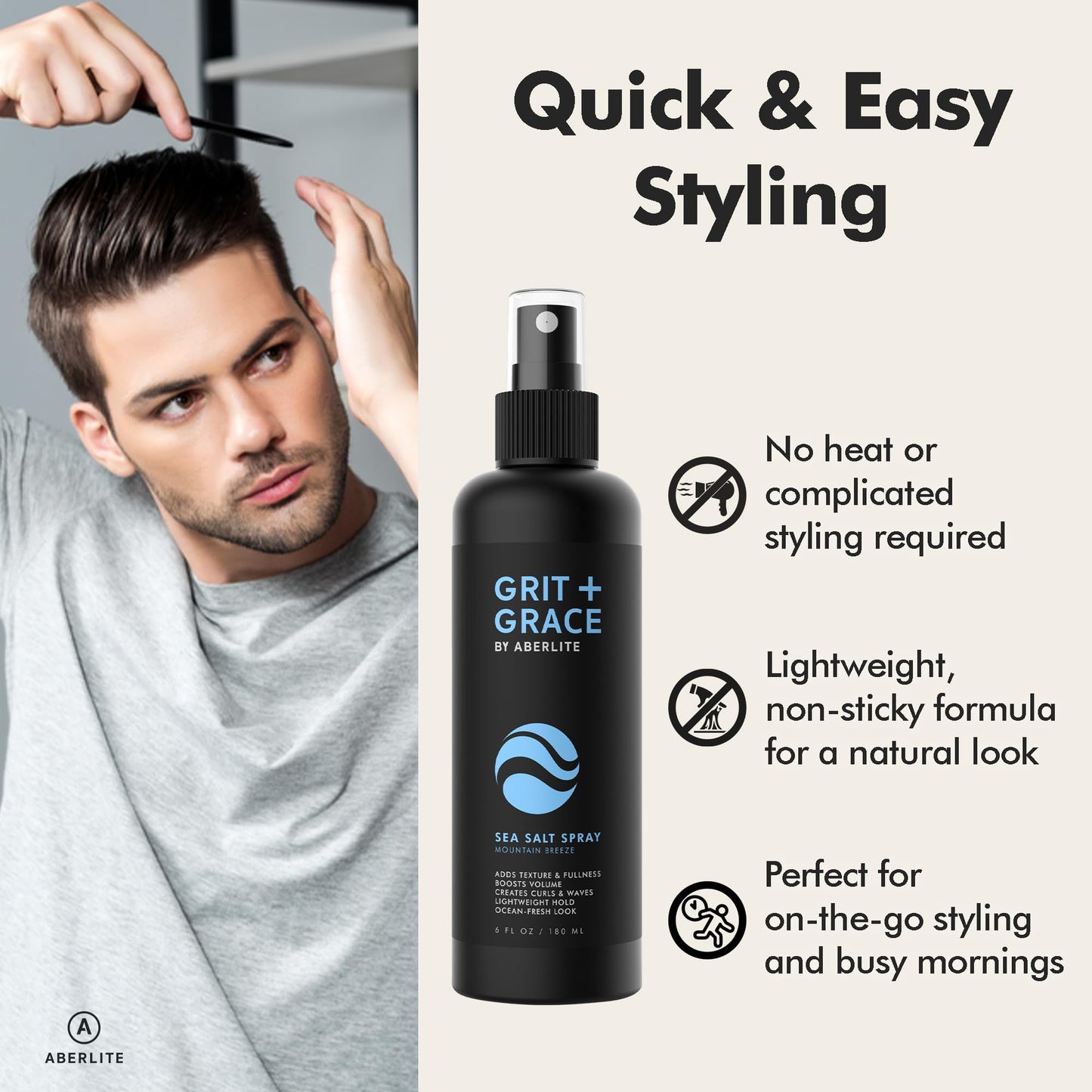 Aberlite Grit+Grace Sea Salt Spray for Men & Women – Texturizing Hair Spray for Beach Waves, Curly & Wavy Hair Styling, 6 fl oz