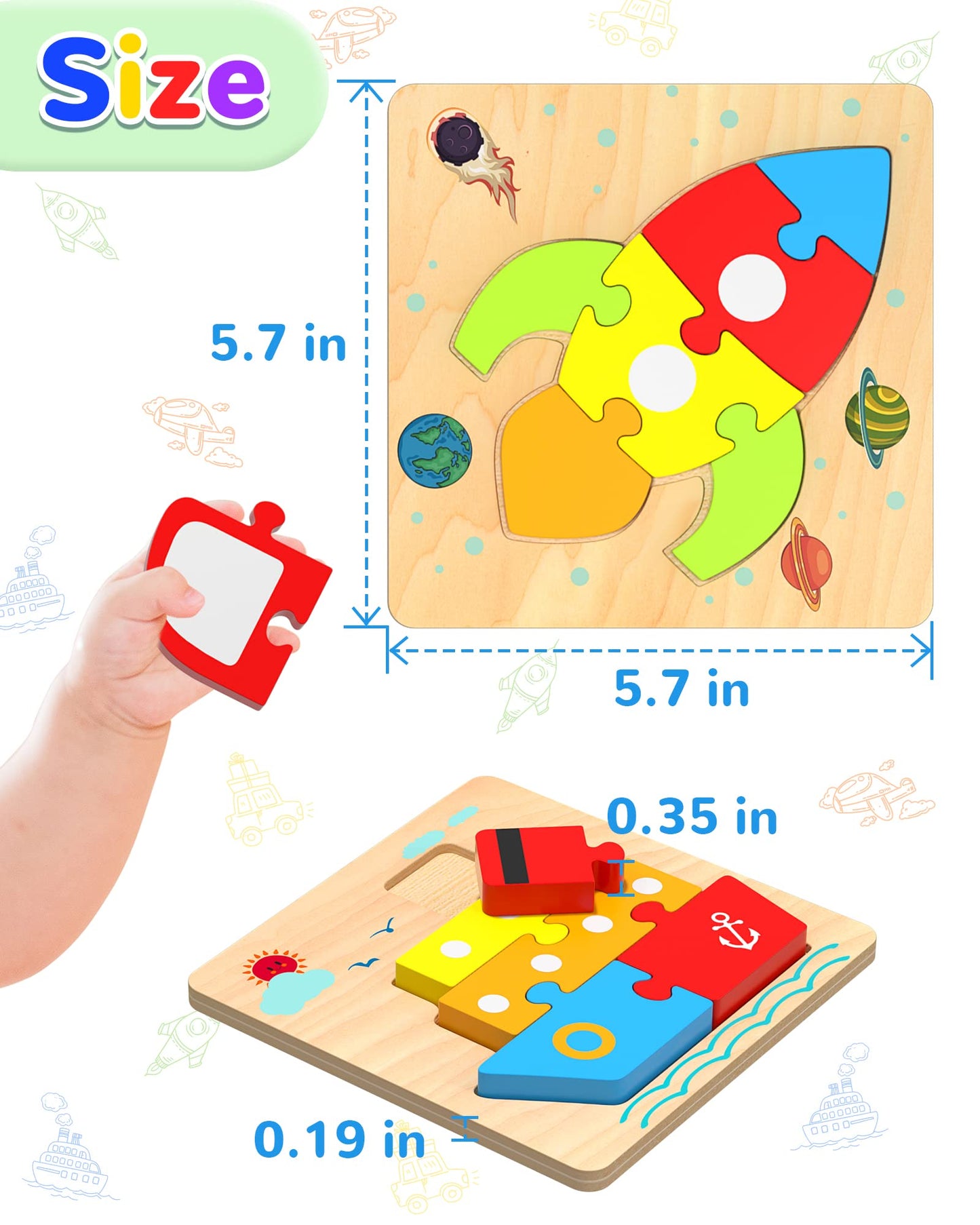 Yetonamr Wooden Toddler Puzzles – 6 Vehicle Shape Montessori Educational Toys for Boys & Girls Ages 1-4, Learning & Gift Toy for Kids