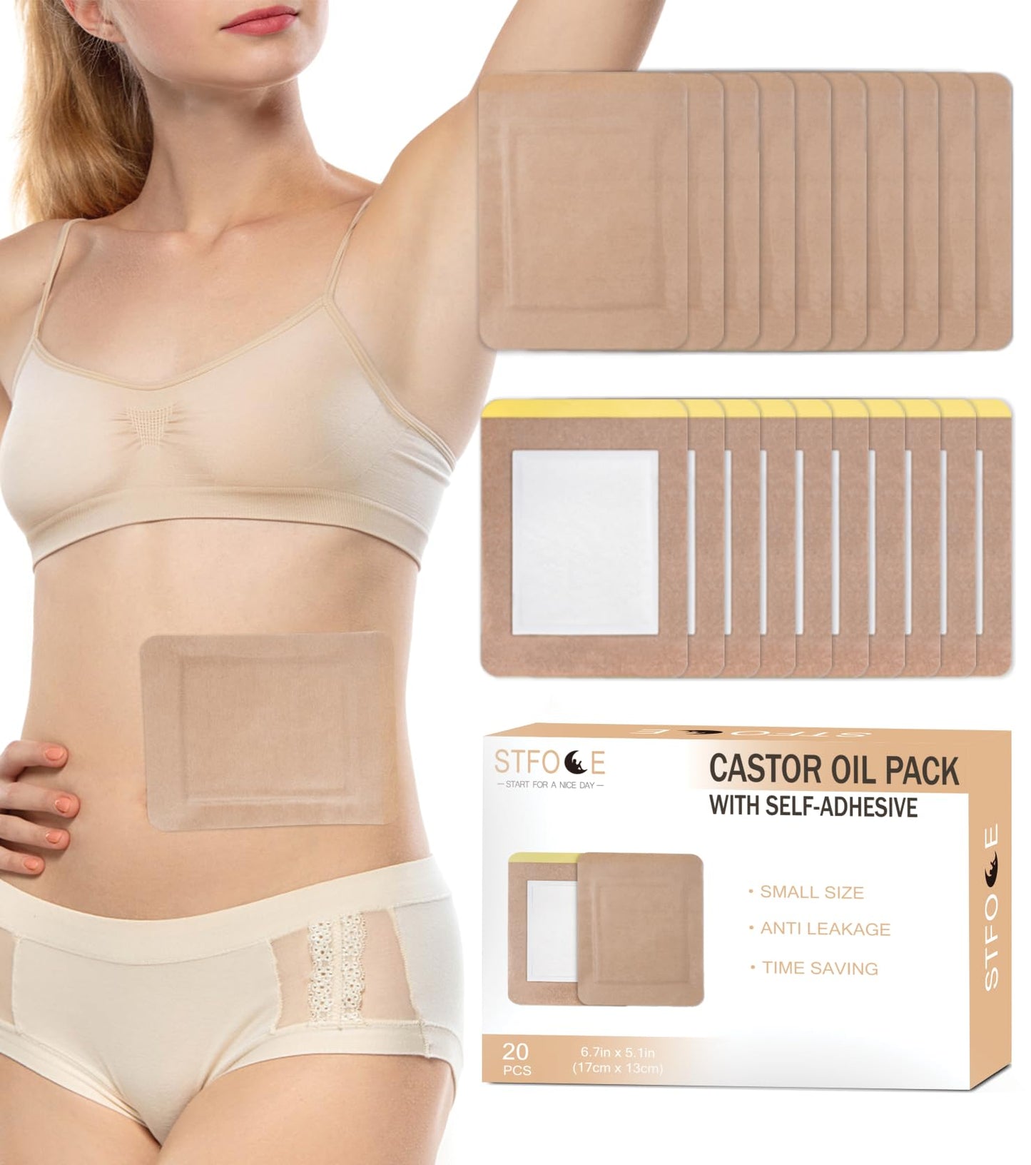 STFOCE 20pcs Disposable Castor Oil Pack Wraps – Organic Cotton, Self-Adhesive, Leak-Free, Skin-Safe for Stomach, Liver & Body