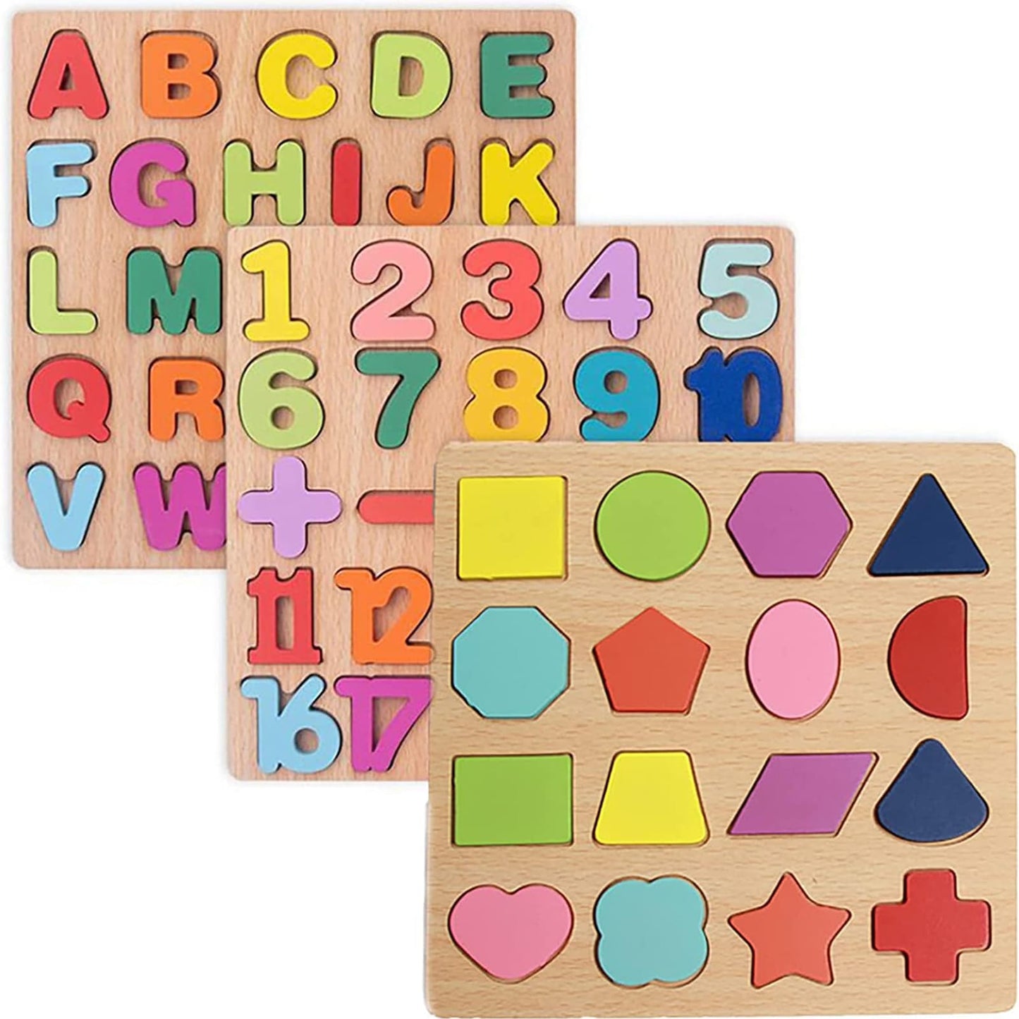 Wooden Puzzles for Toddlers – 3-Pack Alphabet & Number Shape Puzzles, Montessori Learning Toy for Kids Ages 3, Boys & Girls