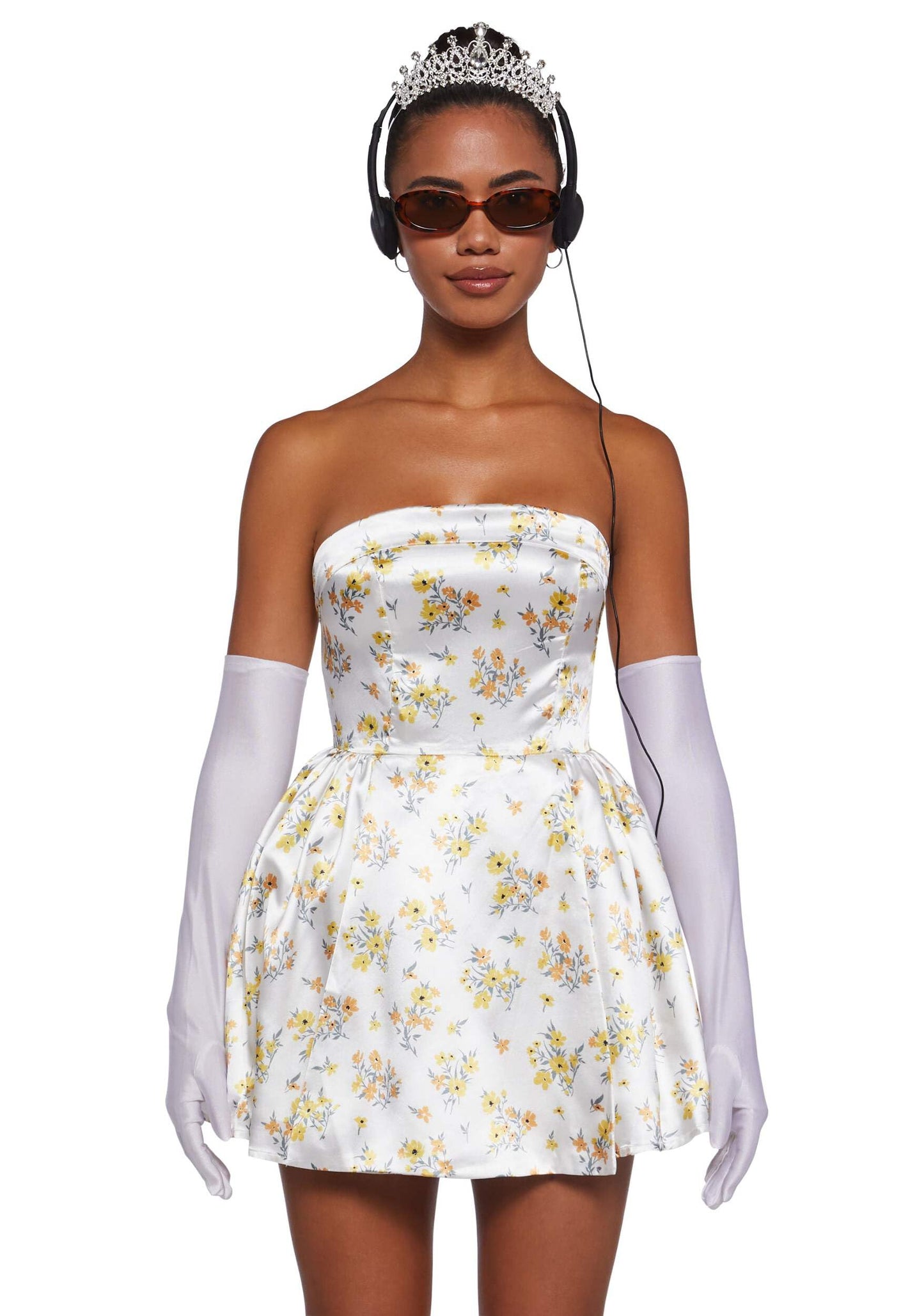 Dolls Kill Princess Mia Costume by Trickz N’ Treatz – Women’s Floral Satin Mini Dress with Gloves, Tiara, Sunglasses & Headphones, Small