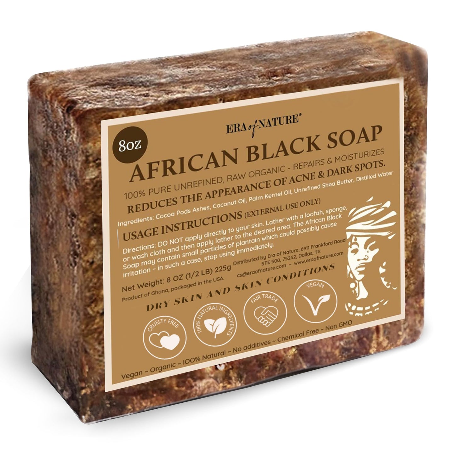 era of nature Best Raw ORGANIC AFRICAN BLACK SOAP, for Dry Skin and Skin Conditions. Pure & Natural Ingredients, Imported From Ghana - 8oz