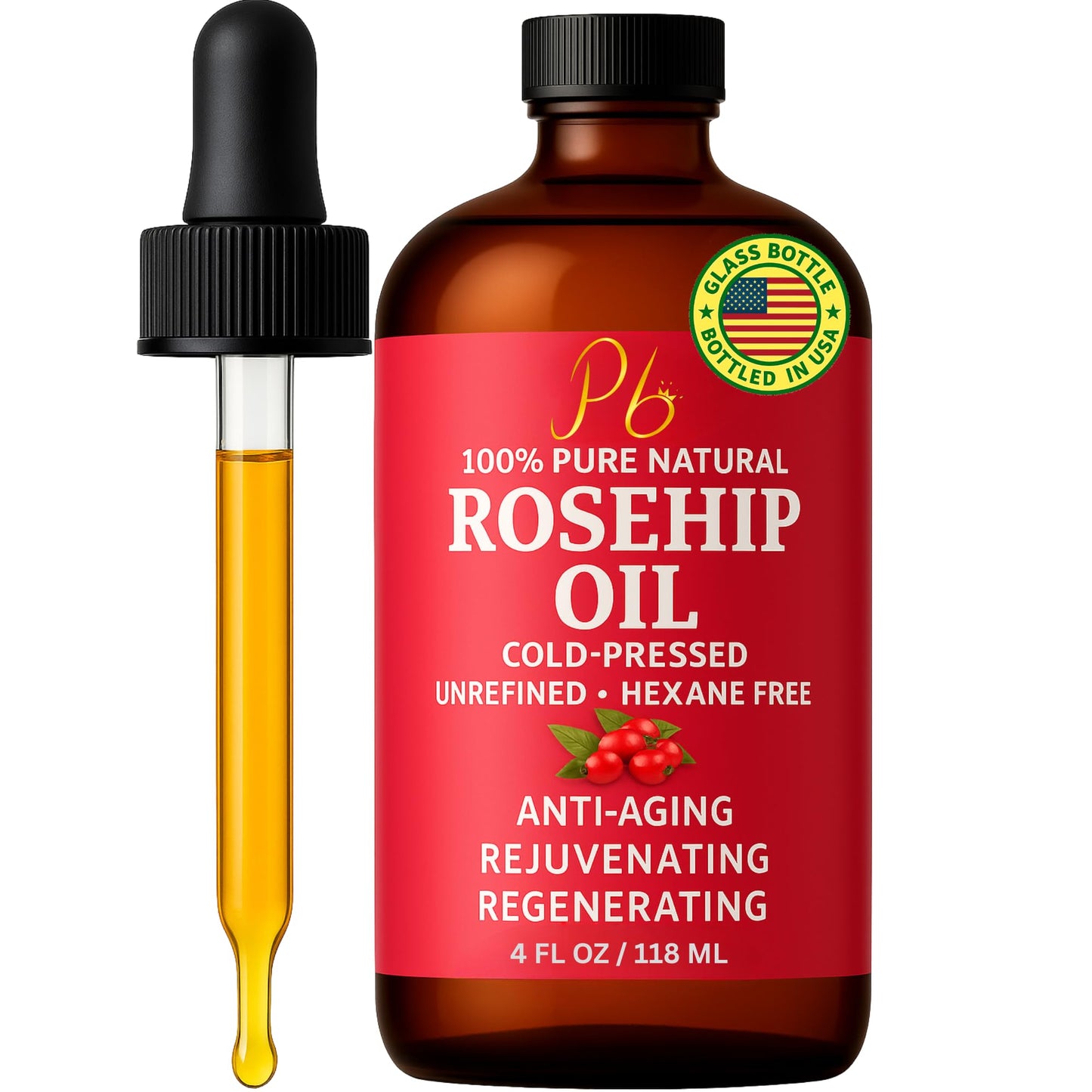 Pomberries Rosehip Oil – Cold-Pressed & Unrefined, Face, Skin & Hair Oil for Scars, Wrinkles, Stretch Marks, Daily Hydration & Massage, 4 fl oz