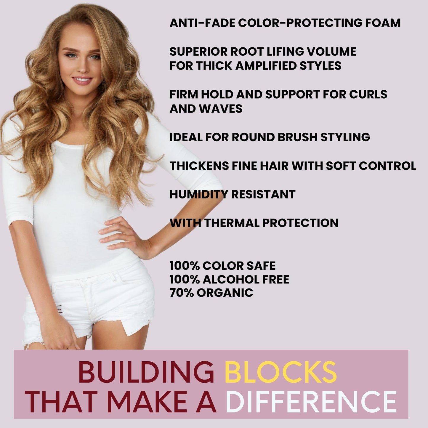 DermOrganic Volume Foam Mousse Firm Hold - Root Lift, Curl Support, Thicker Hairstyles, Alcohol-Free, 5.1 oz