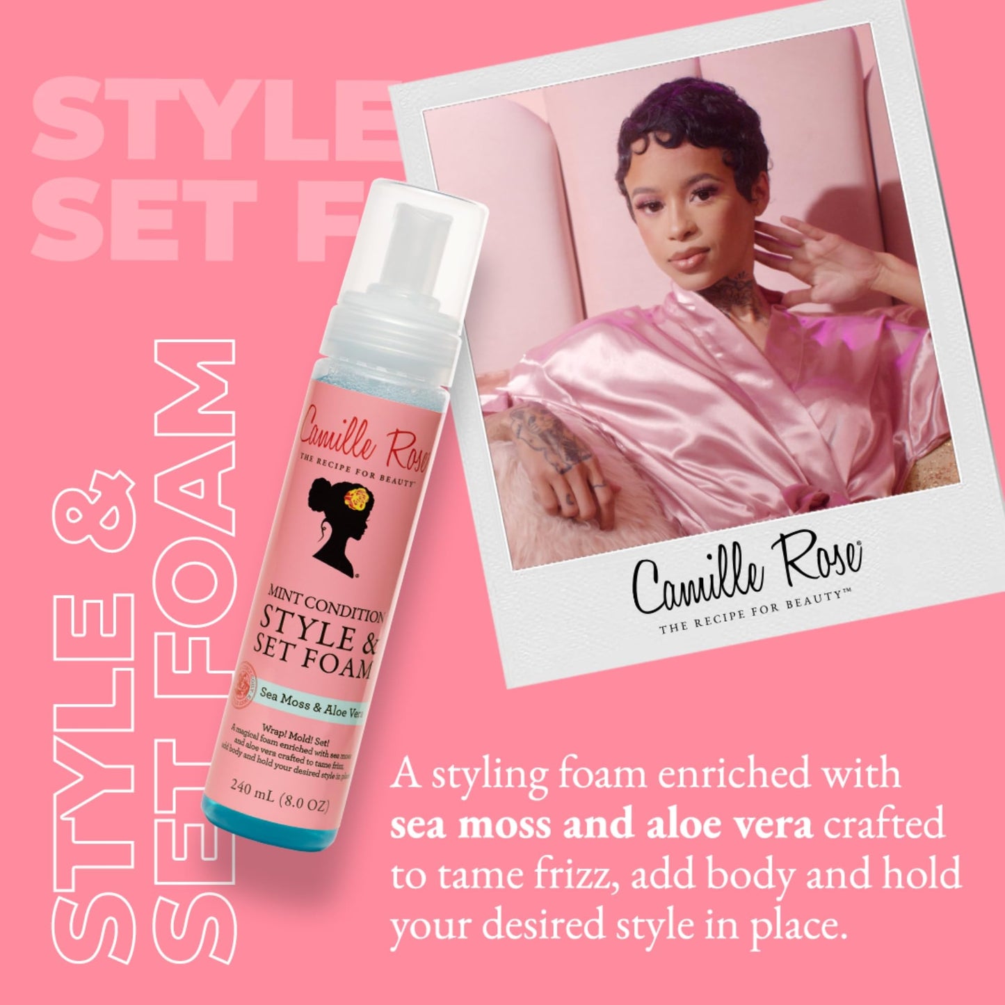 Camille Rose Mint Condition Style and Set Foam, with Aloe Vera and Sea Moss, for Extra Hold, Frizz Free Shine, and All Hair Types, 8 fl oz
