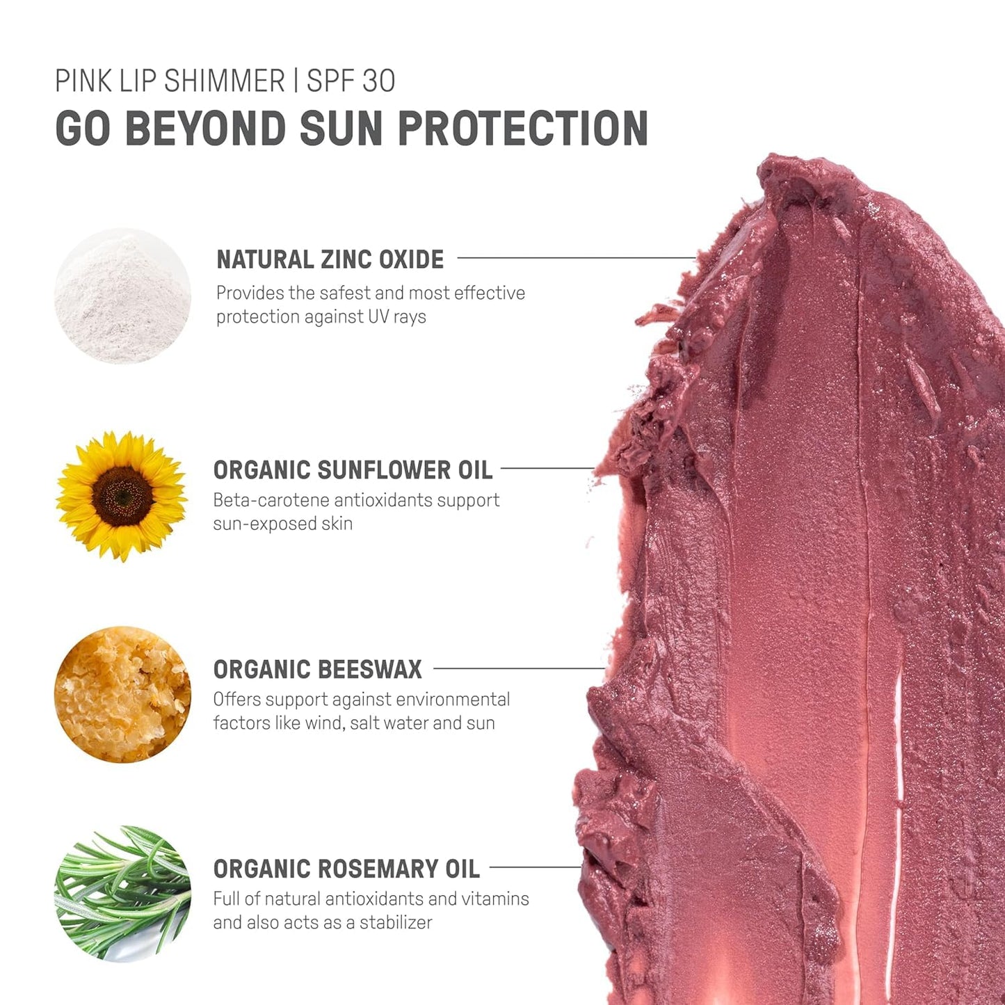 Raw Elements Organic Pink Lip Shimmer Zinc Oxide SPF 30+, 0.15 oz (Pack of 3)