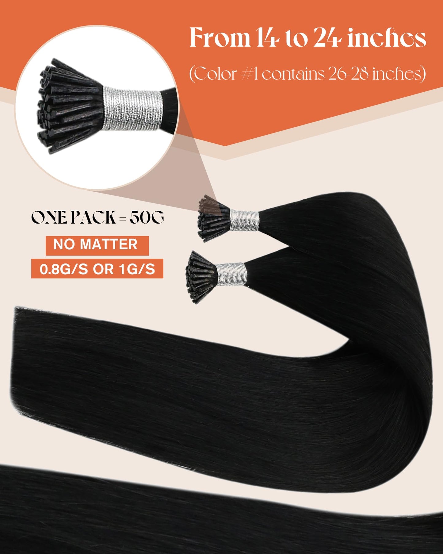 Sunny Hair 22" I Tip Human Hair Extensions Black – Pre-Bonded, Easy to Curl, Natural Look & Long-Lasting Volume for Women, 50g