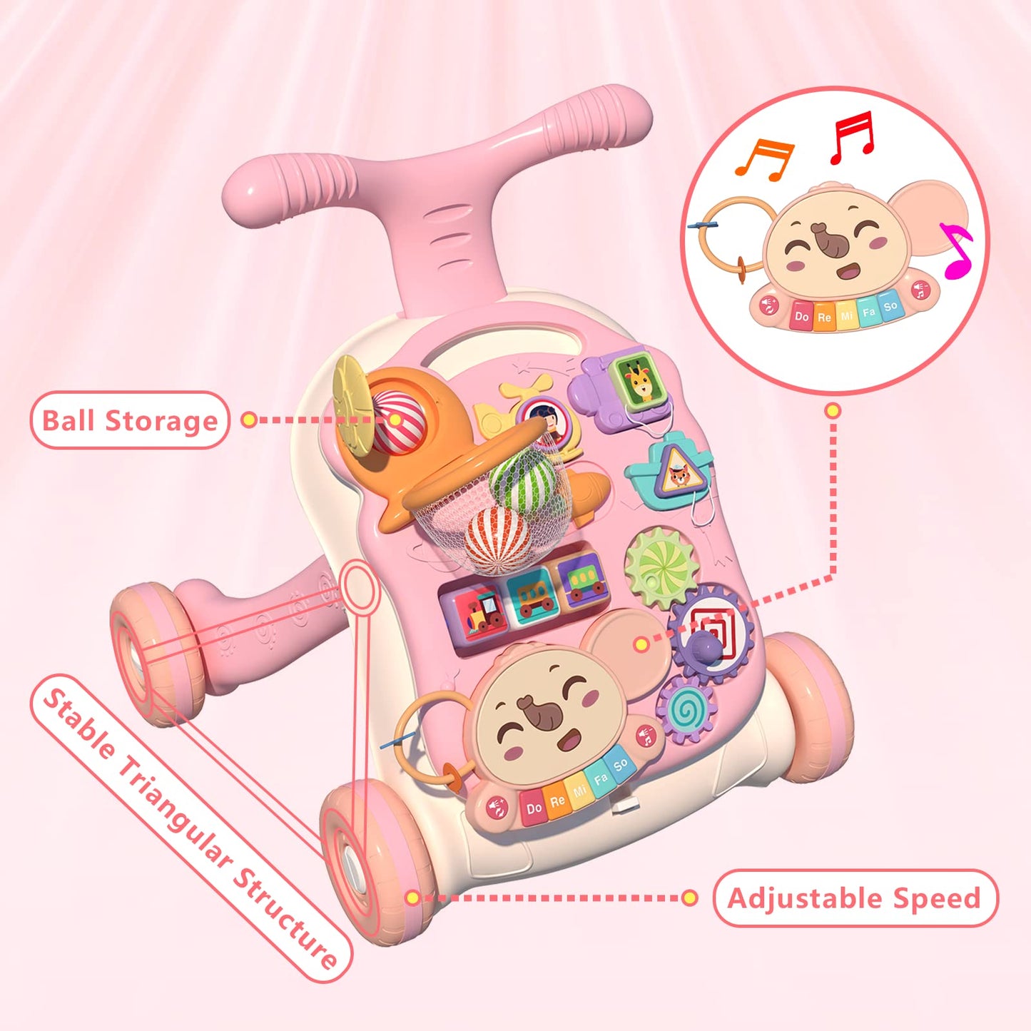 QDRAGON 3-in-1 Baby Walker & Activity Center for Girls – Sit-to-Stand Learning Toy with Music Panel, Educational Push Walker for Toddlers 12+ Months, Pink