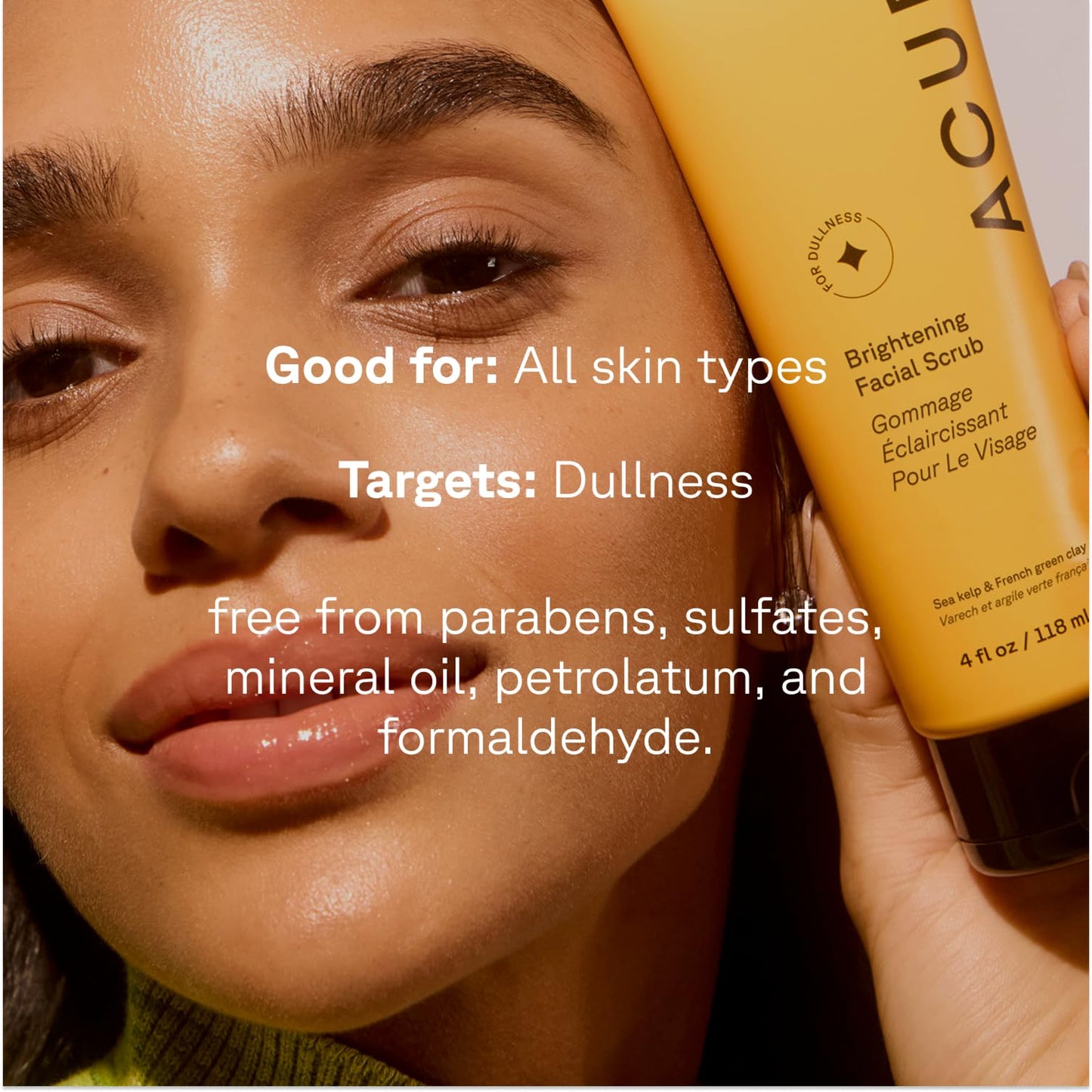 Acure Brightening Facial Scrub – Gentle Daily Exfoliating Face Wash with Sea Kelp & French Green Clay for Radiant Skin, 4 fl oz