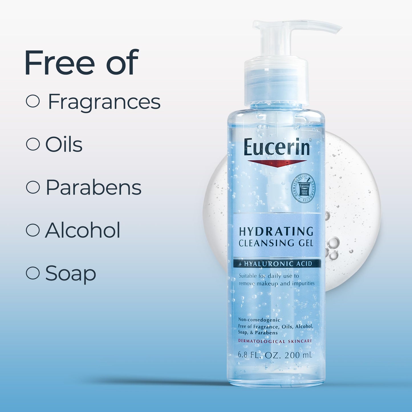 Eucerin Hydrating Cleansing Gel, Daily Face Wash and Makeup Remover Formulated with Hyaluronic Acid, 6.8 Fl Oz Bottle