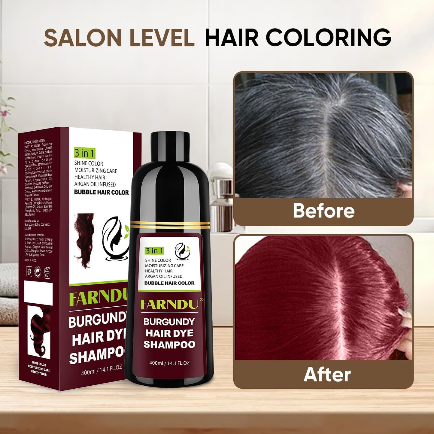 Farndu Red Burgundy Hair Dye Shampoo for Women Men, Hair Color Shampoo Natural Ingredients