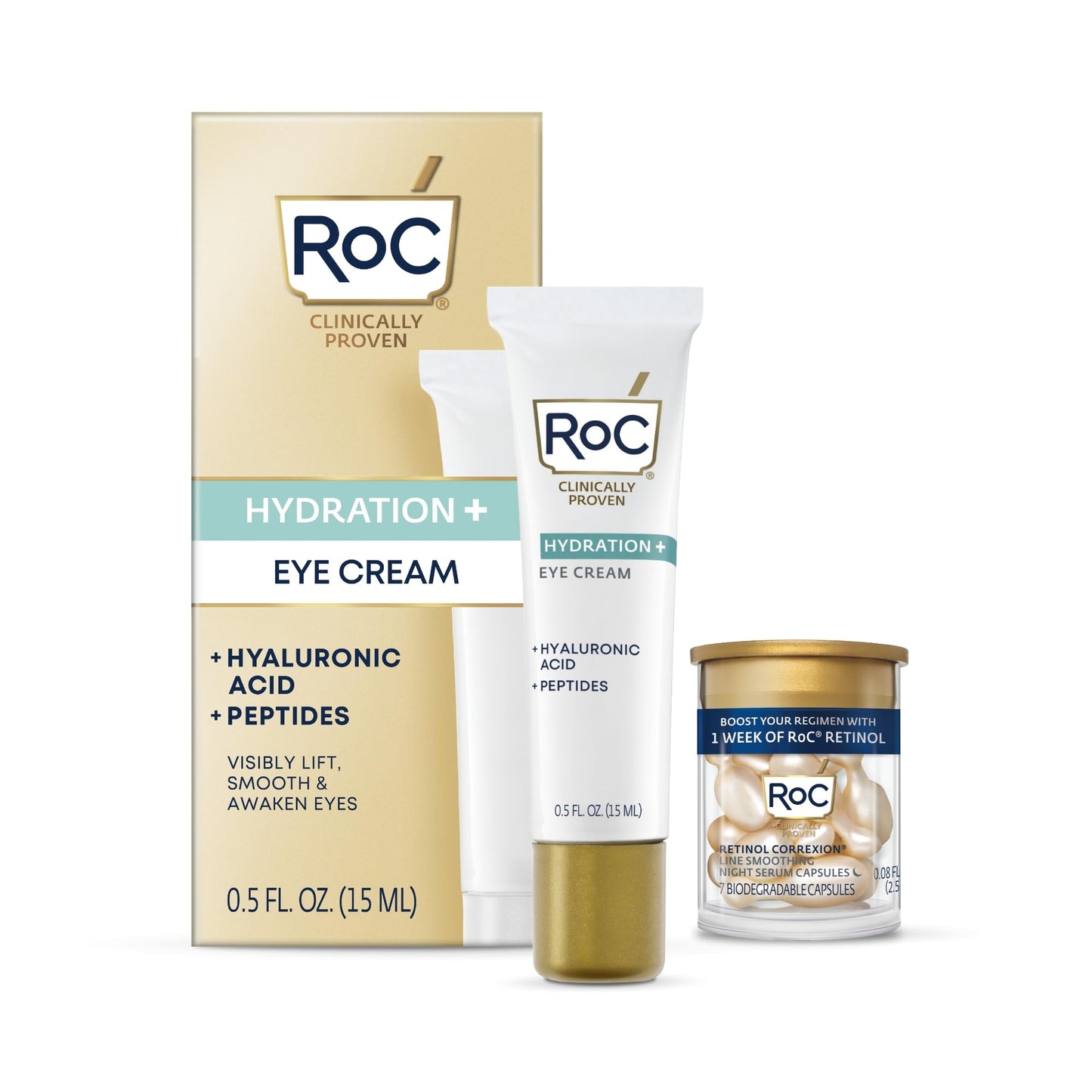 RoC Multi Correxion Hyaluronic Acid Eye Cream for Dark Circles & Puffiness 0.5oz + 7 Retinol Capsules, Fragrance & Paraben Free