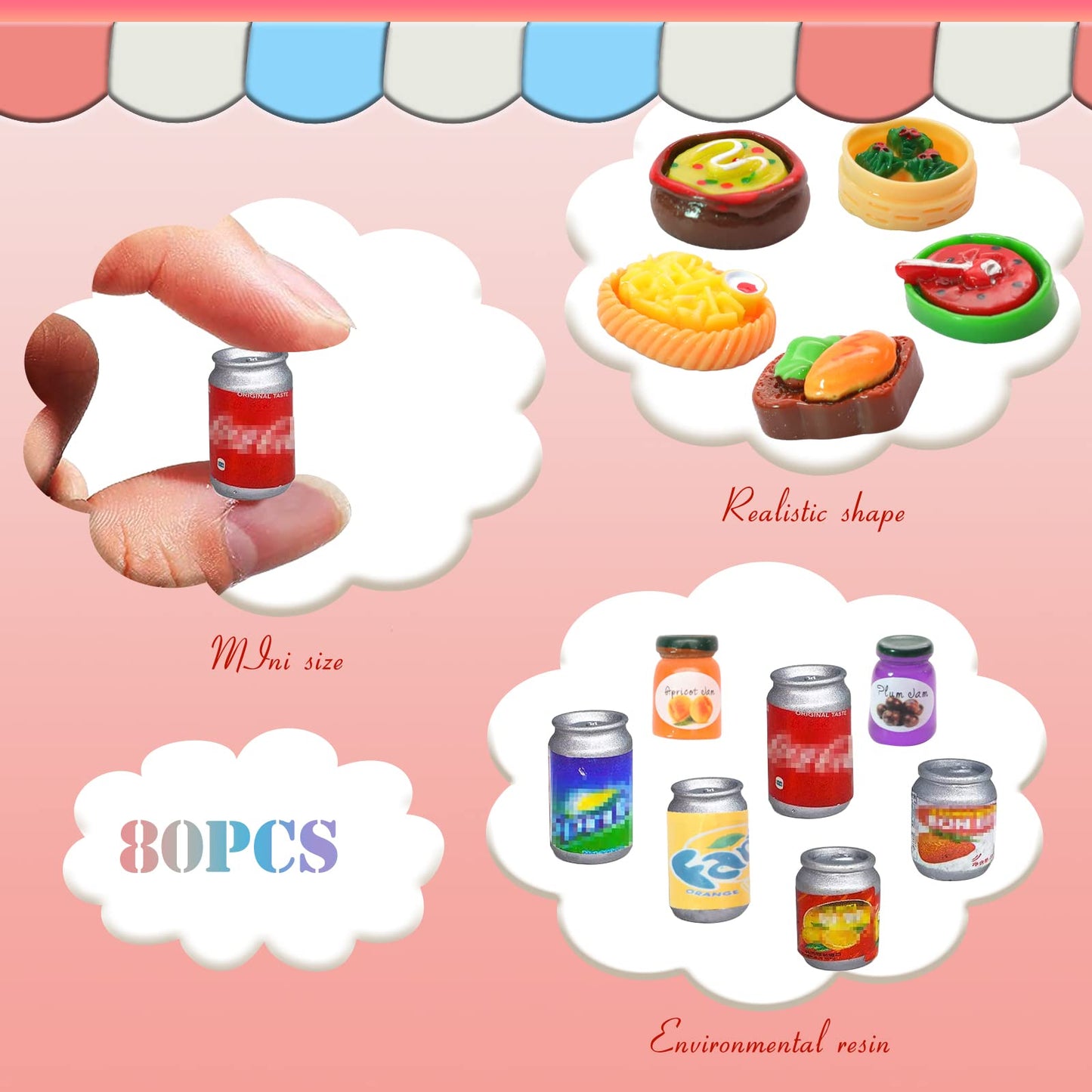 80 Pieces Mini Food Drinks Bottle Toys Pretend Food for Dollhouse Kitchen Accessories Mini Play Resin Food Toys