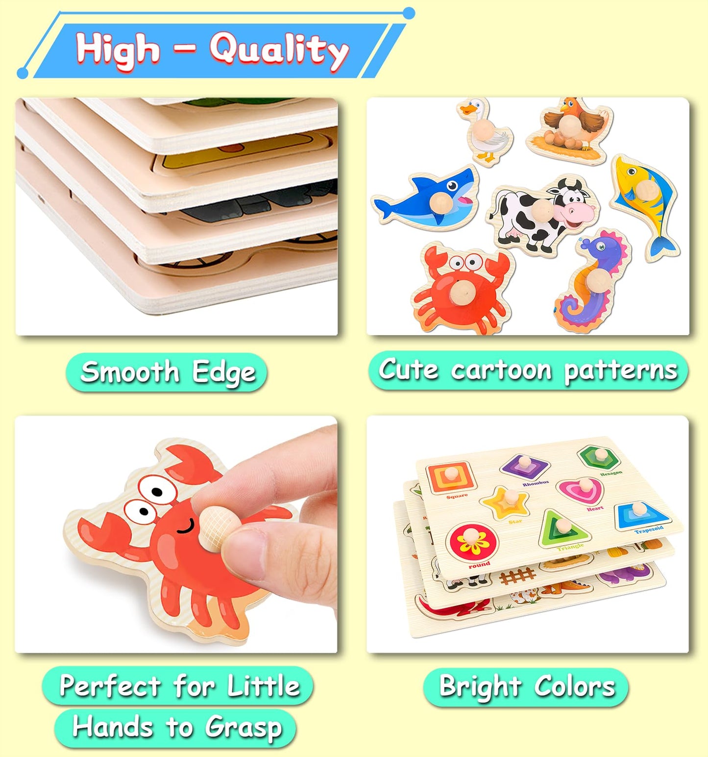 Wooden Peg Puzzles for Toddlers – 6 Montessori Learning Sets: Shapes, Farm, Sea, Dinosaurs, Fruits & Animals, Fine Motor Toys for Kids