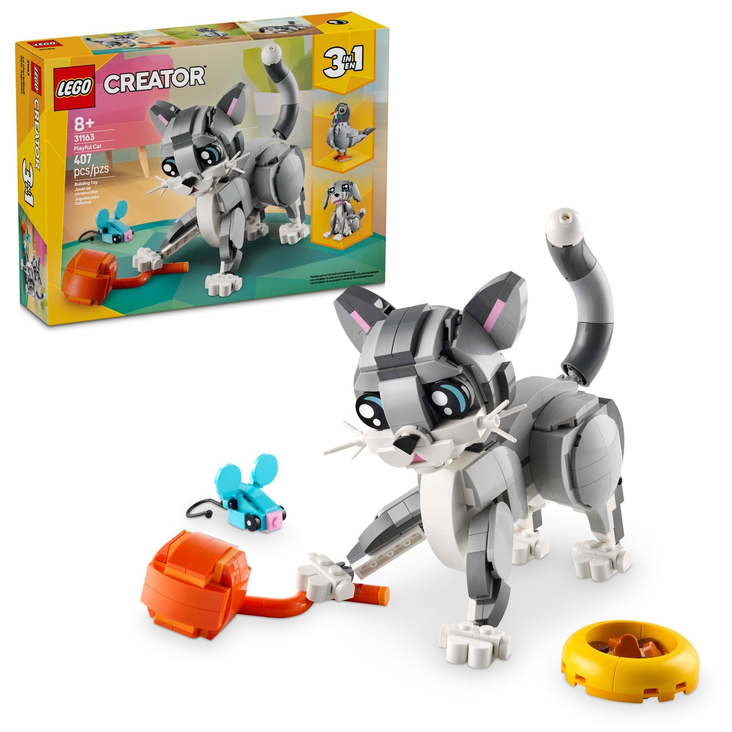 LEGO Creator 3-in-1 Playful Cat Toy, Build Cat, Dog, or Pigeon – Animal Figures for Kids 8+, Birthday Gift, Set 31163