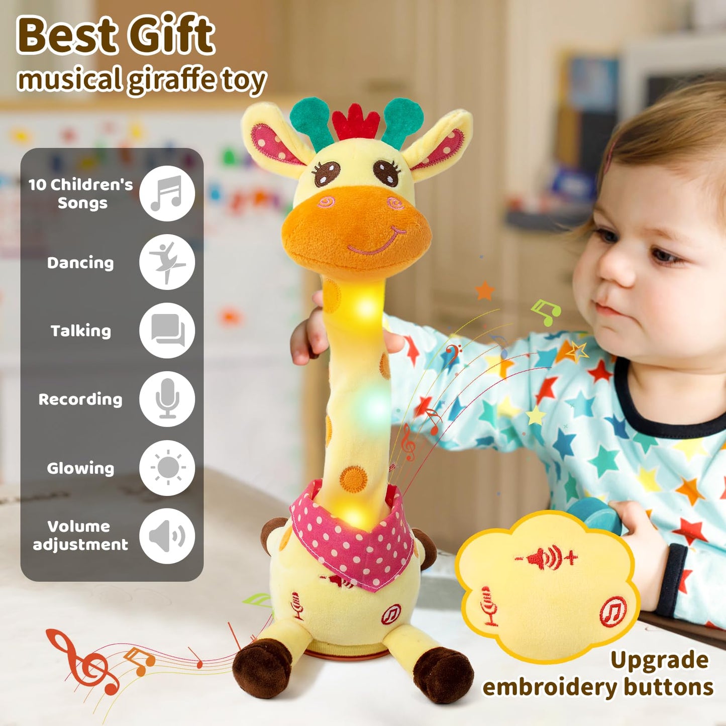 Emoin Dancing Talking Giraffe Toy – Singing, Mimicking & Recording with Adjustable Volume, 10 Songs for Toddlers