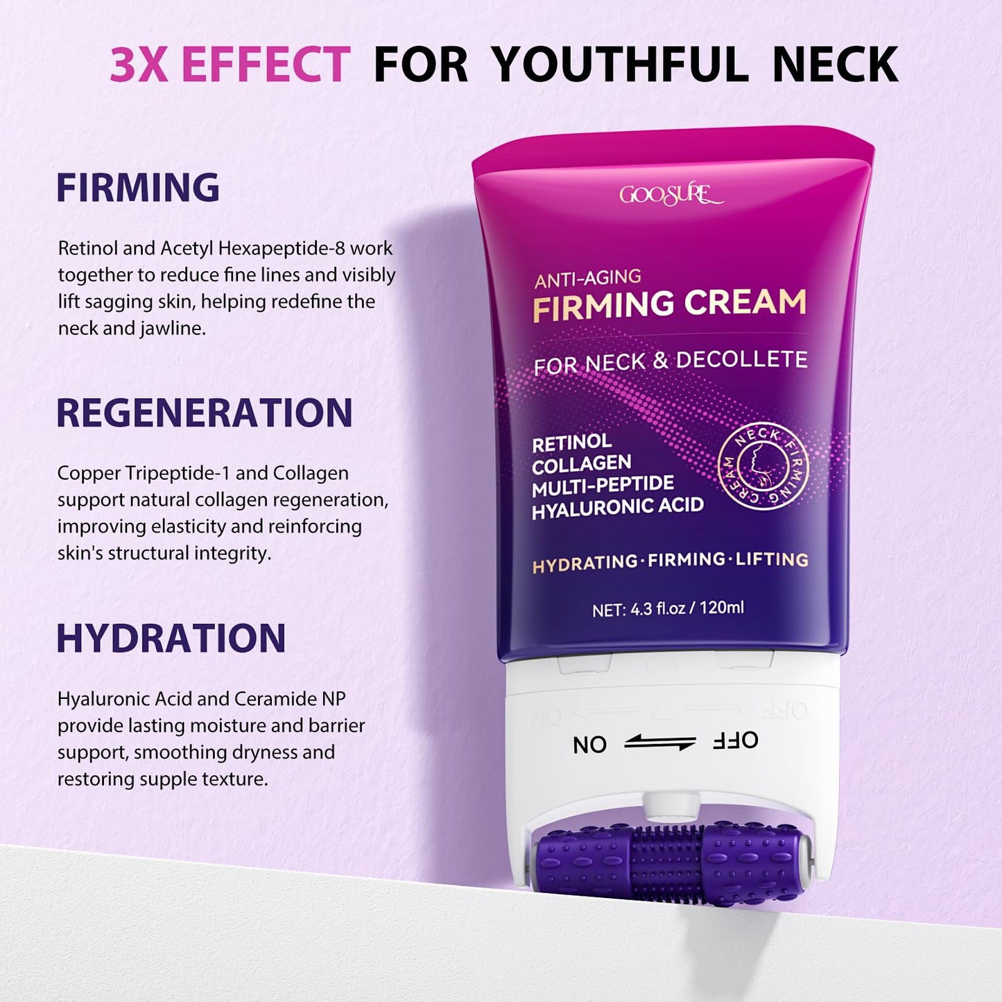 Firming Neck & Décolleté Cream with Retinol, AH-8, Collagen & Squalane – Wrinkle & Crepey Skin Treatment with Massage Roller, 4.3 fl oz