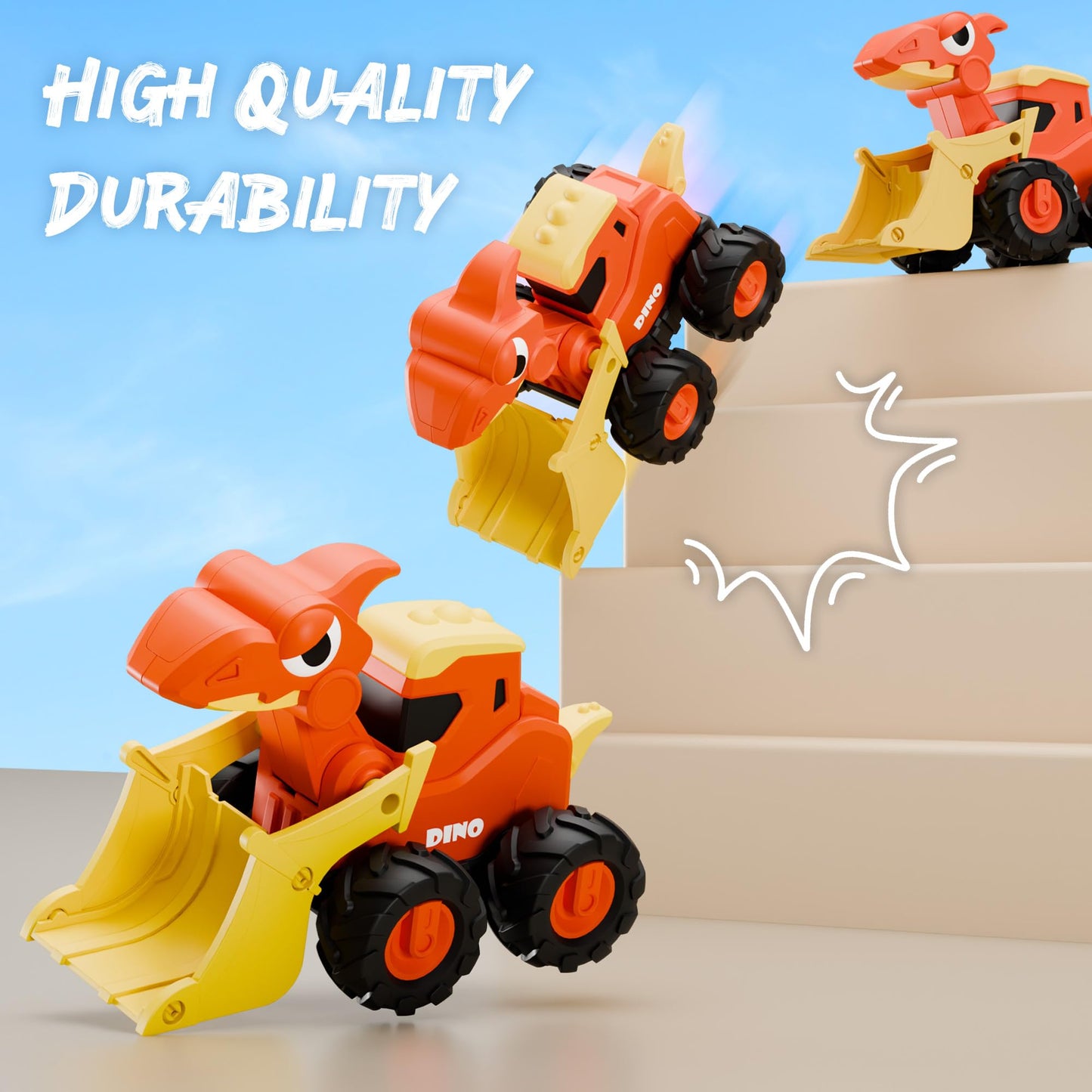 iPlay iLearn Dinosaur Truck Toys for Toddlers – Dino Push & Go Cars, Construction Sandbox Vehicles, Friction Car Set, Gift for Ages 18M-5Y