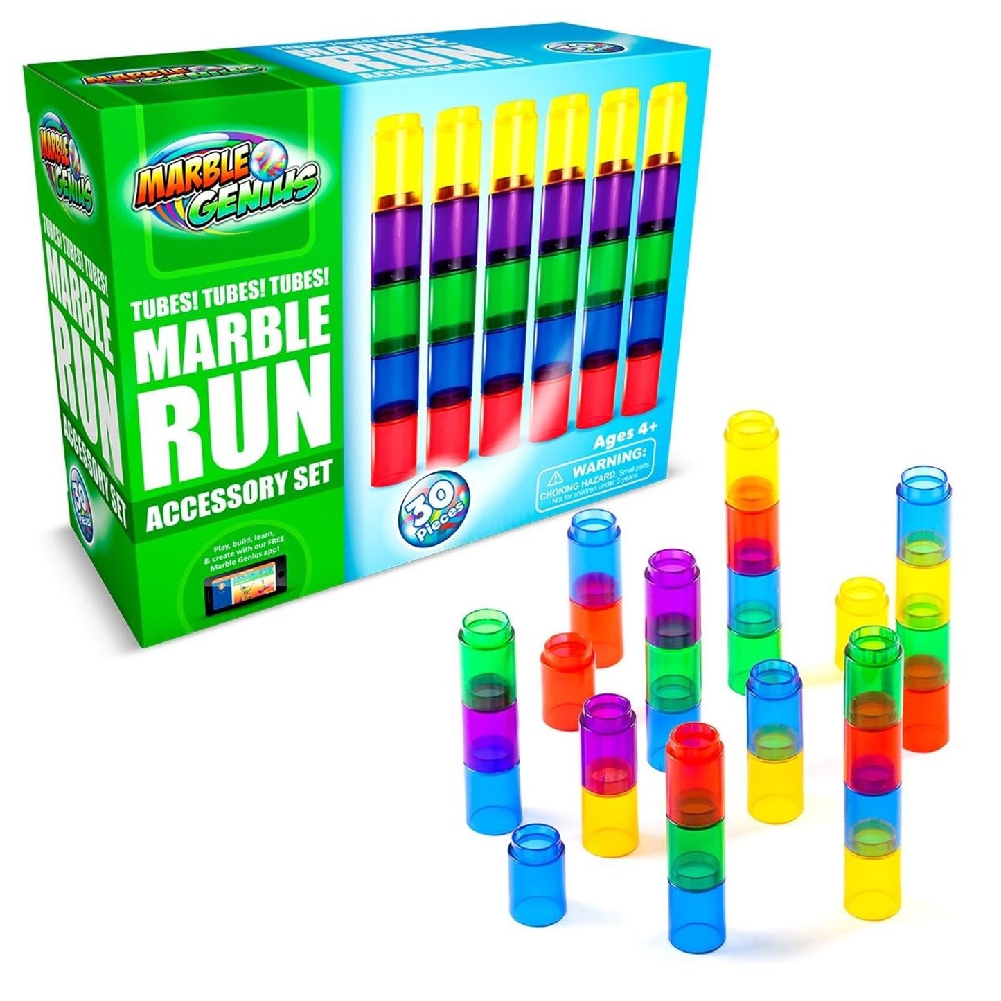Marble Genius Tubes, 30pcs Marble Run Accessory Set for Kids Ages 4+, Fun Building & Learning Educational Construction Add-on Kit for Teens STEM