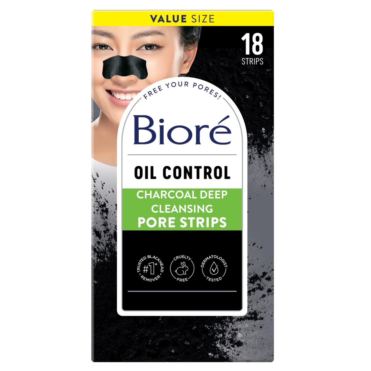 Biore Charcoal Deep Cleansing Nose Strips for Blackhead Removal, Oily Skin, C-Bond Technology, Instant Pore Unclogging, 18 Count