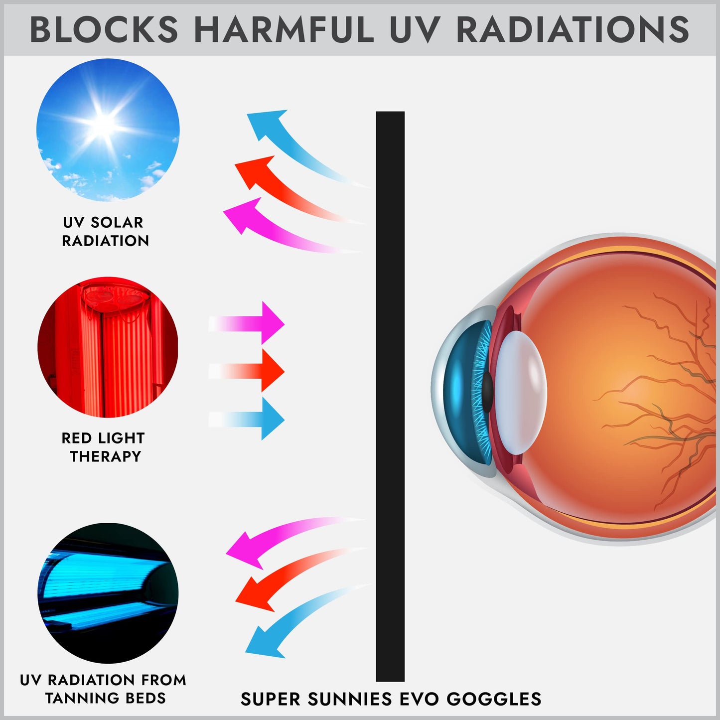 Super Sunnies Evo Flexible Tanning Bed Goggles UV Eye Protection Black Glasses, FDA Compliant