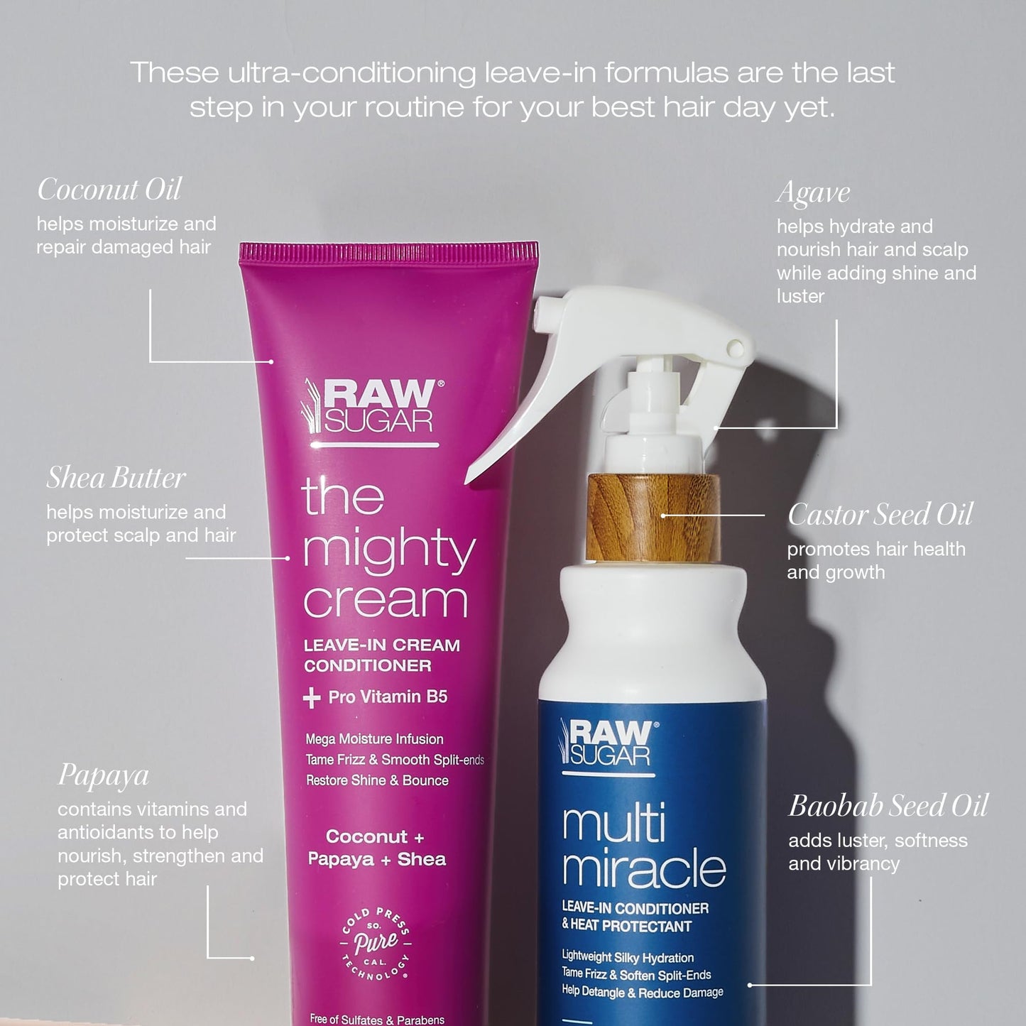 RAW SUGAR Leave-In Conditioner Duo | Multi-Miracle Hair Mist & Mighty Cream | Heat Protectant, Hydrating & Frizz Control Bundle for All Hair Types