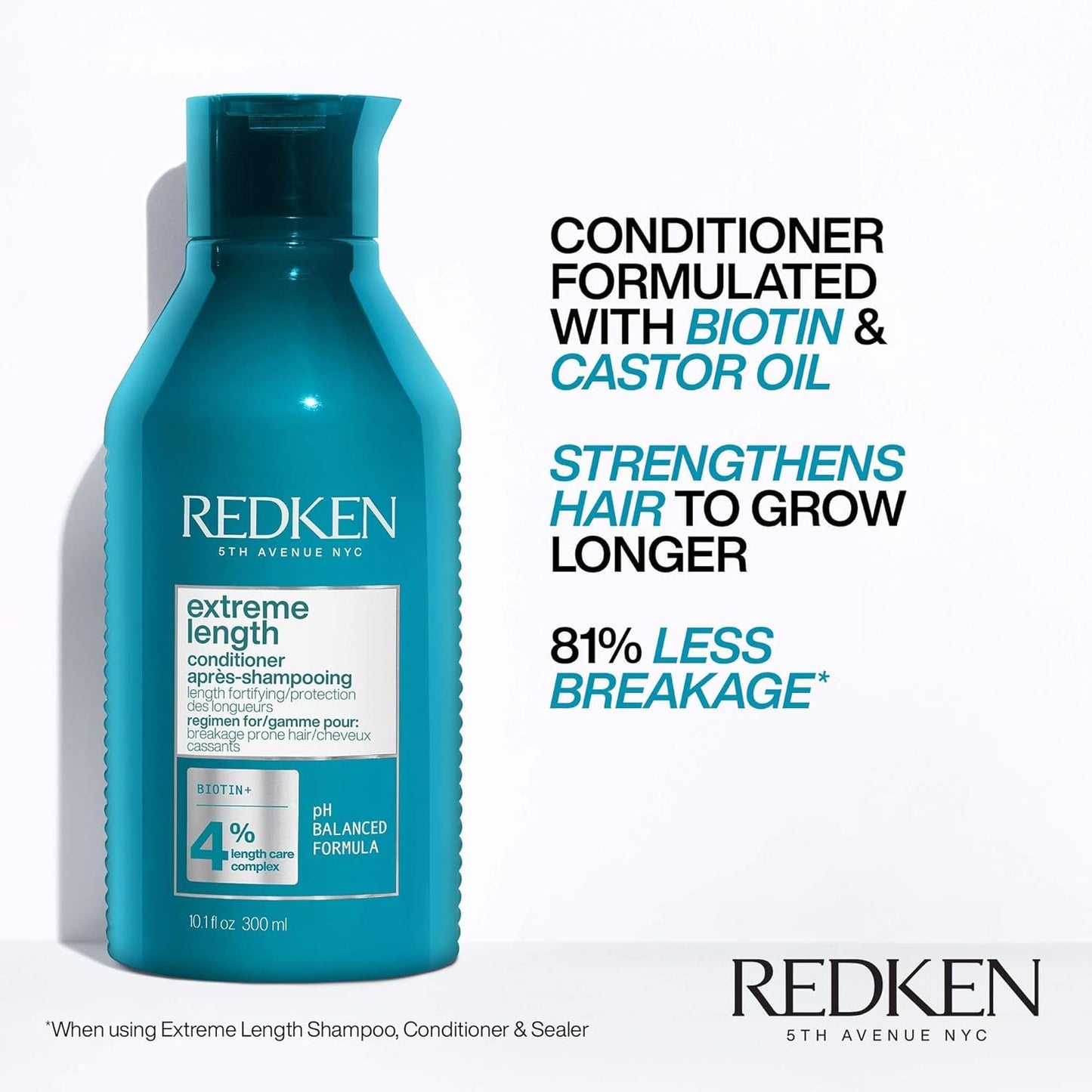 Redken Extreme Length Conditioner with Biotin & Castor Oil – Strengthens, Fortifies & Conditions Damaged Hair for Healthy Growth, 10.1 Fl Oz