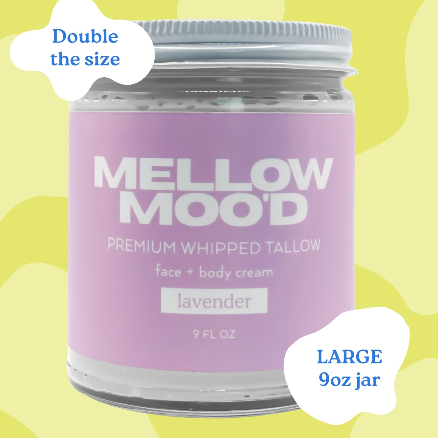 Mellow Moo'd Whipped Grass-Fed Beef Tallow Cream, 9oz Lavender – Natural Face & Body Moisturizer, Sensitive Skin Body Butter, Made in USA