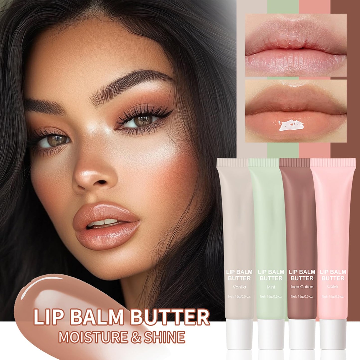HJXUQIME 4 PCS Lip Glossy Butter Balm Set, Shine & Hydration - Sheer-Tinted-Long-lasting Non-Sticky Lip Balm,Soften Dry Lips and Lip Care
